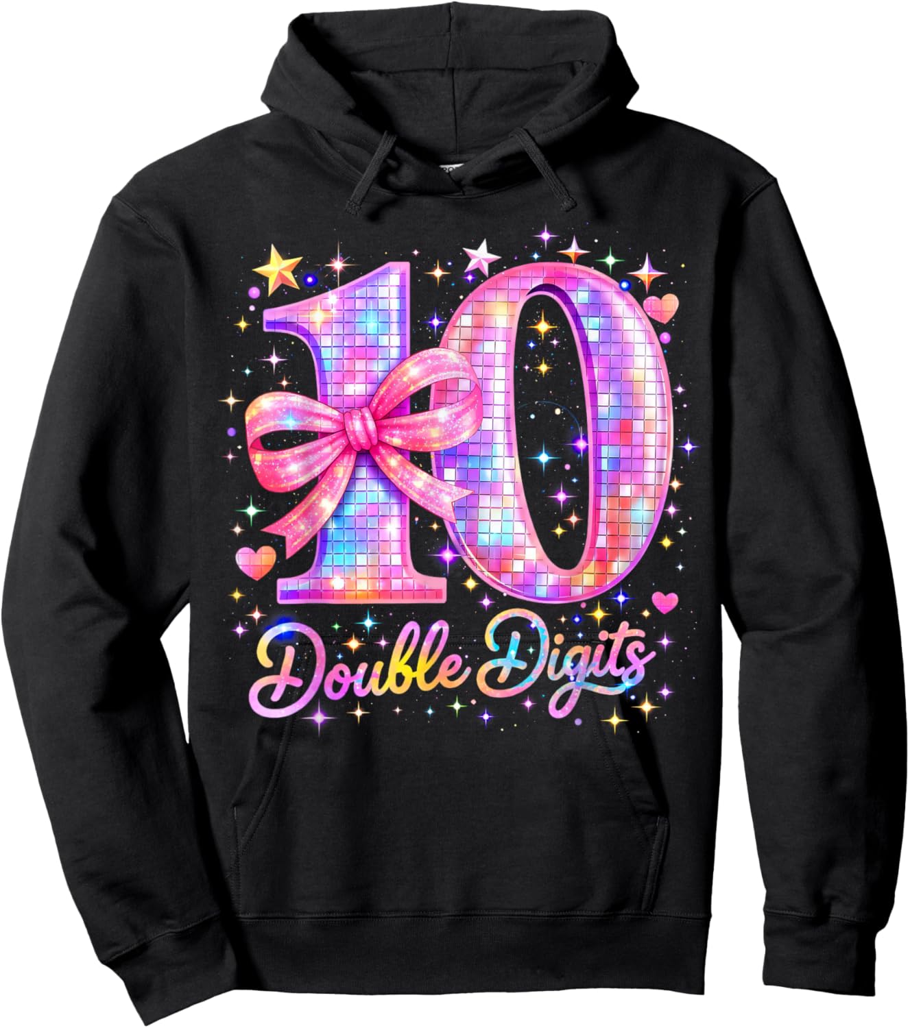 10th Birthday Girl Pink Coquette Bow 10 Year Old Disco Ball Hoodie - Hoodie | Black