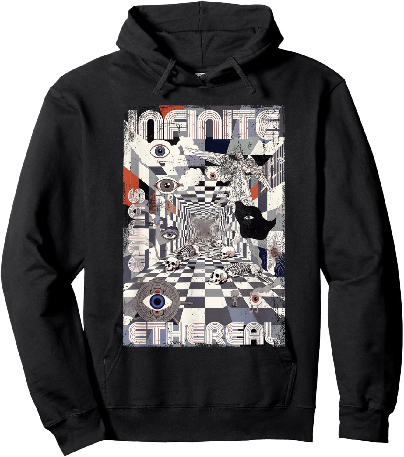 Weirdcore Eyes Skeleton Glitch Art Surreal Checkered Floor Hoodie - Hoodie | Black