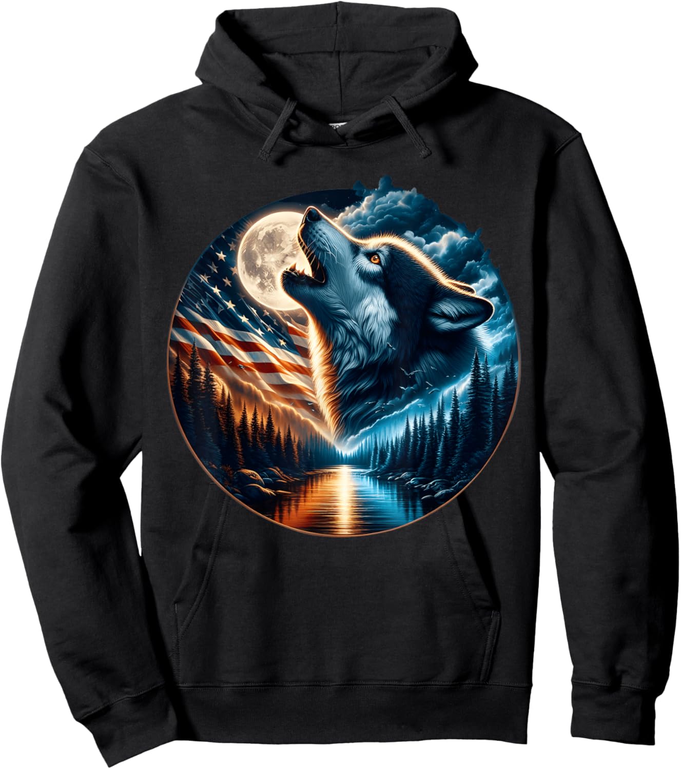 Wolf Howling Moon Wolves 4th of July American Flag Wildlife Hoodie - Hoodie | Black