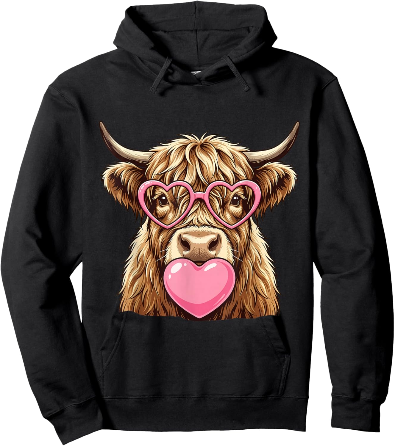 Cute Highland Cow Blowing Pink Valentine Heart Bubble Gum Hoodie - Hoodie | Black