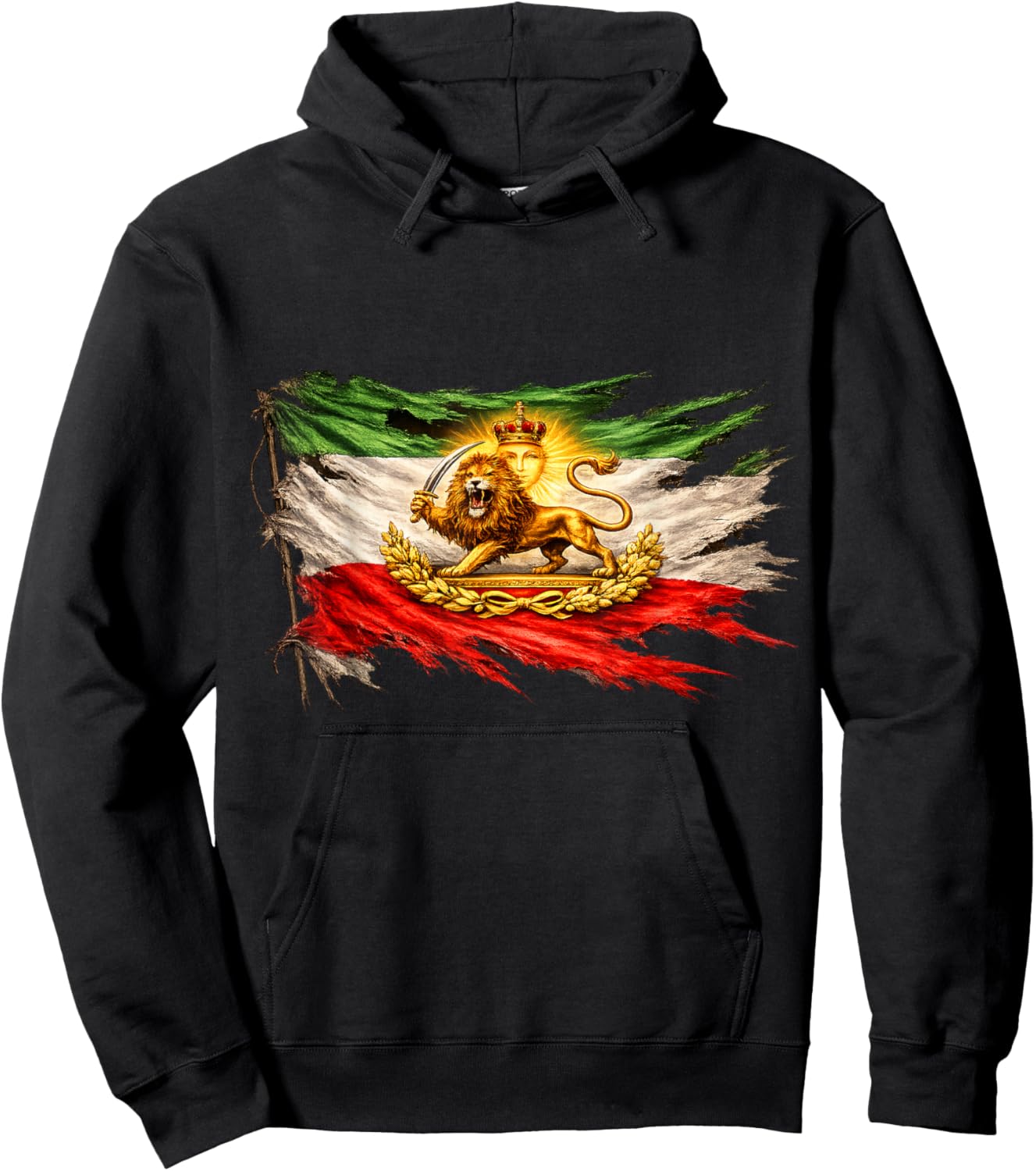 Iran Flag with Lion and Sun Emblem, Vintage Persian Heritage Hoodie - Hoodie | Black