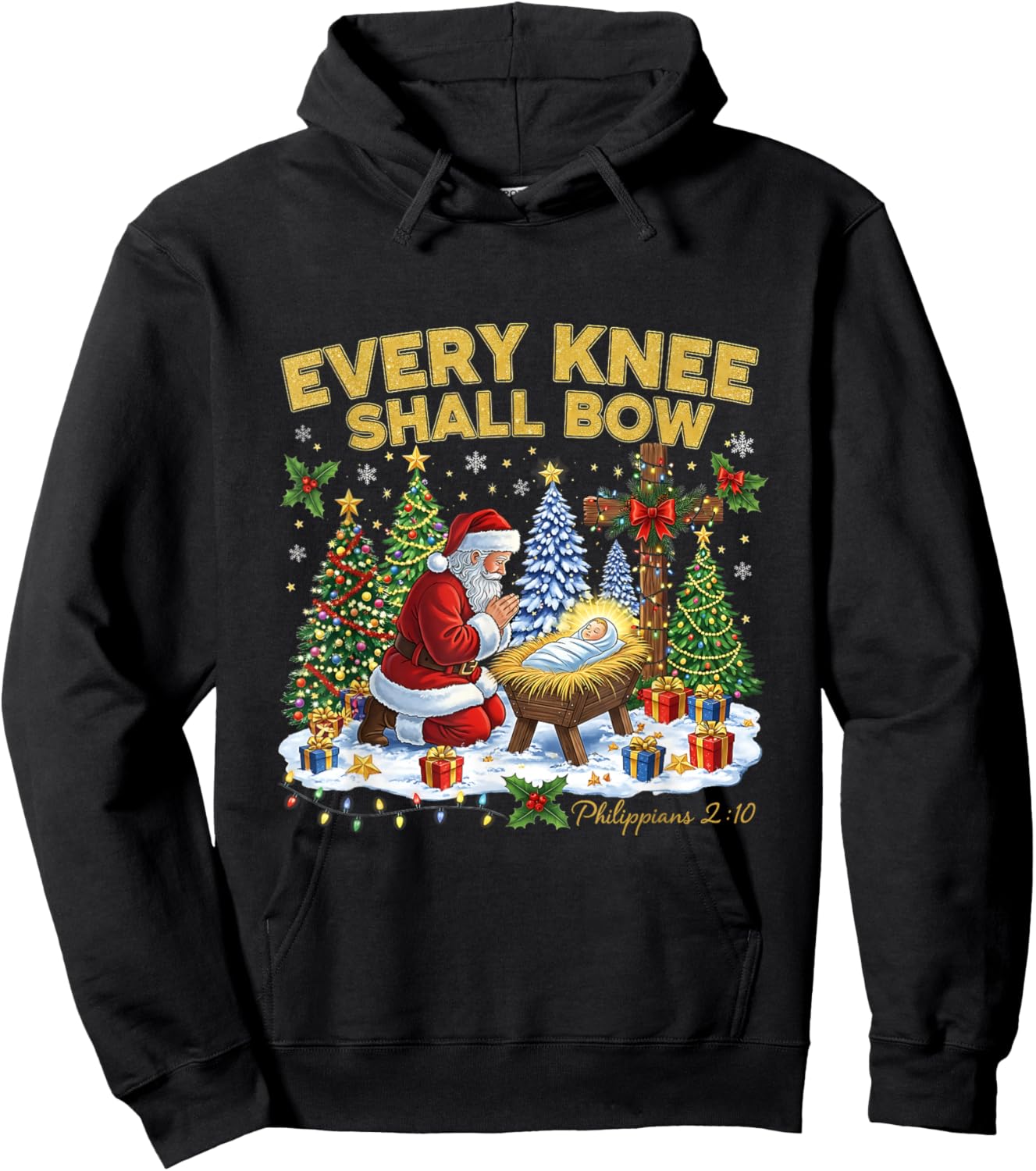 Every Knee Shall Bow Santa Christmas Nativity Scene Xmas Hoodie - Hoodie | Black