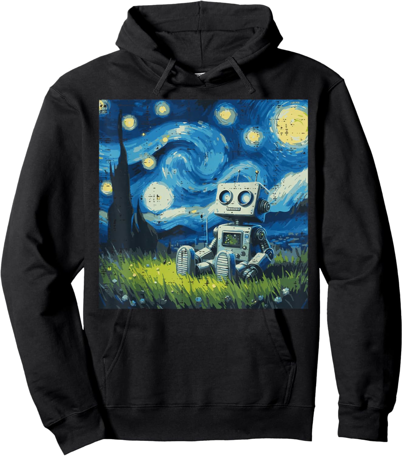 Starry Night Robot Funny Painting Art Meme Kids Men Women Hoodie - Hoodie | Black