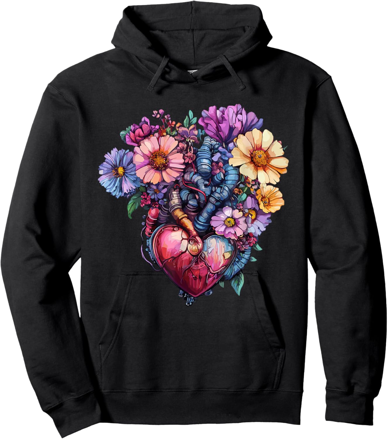 Anatomical Heart with Colorful Wildflowers Hoodie - Hoodie | Black