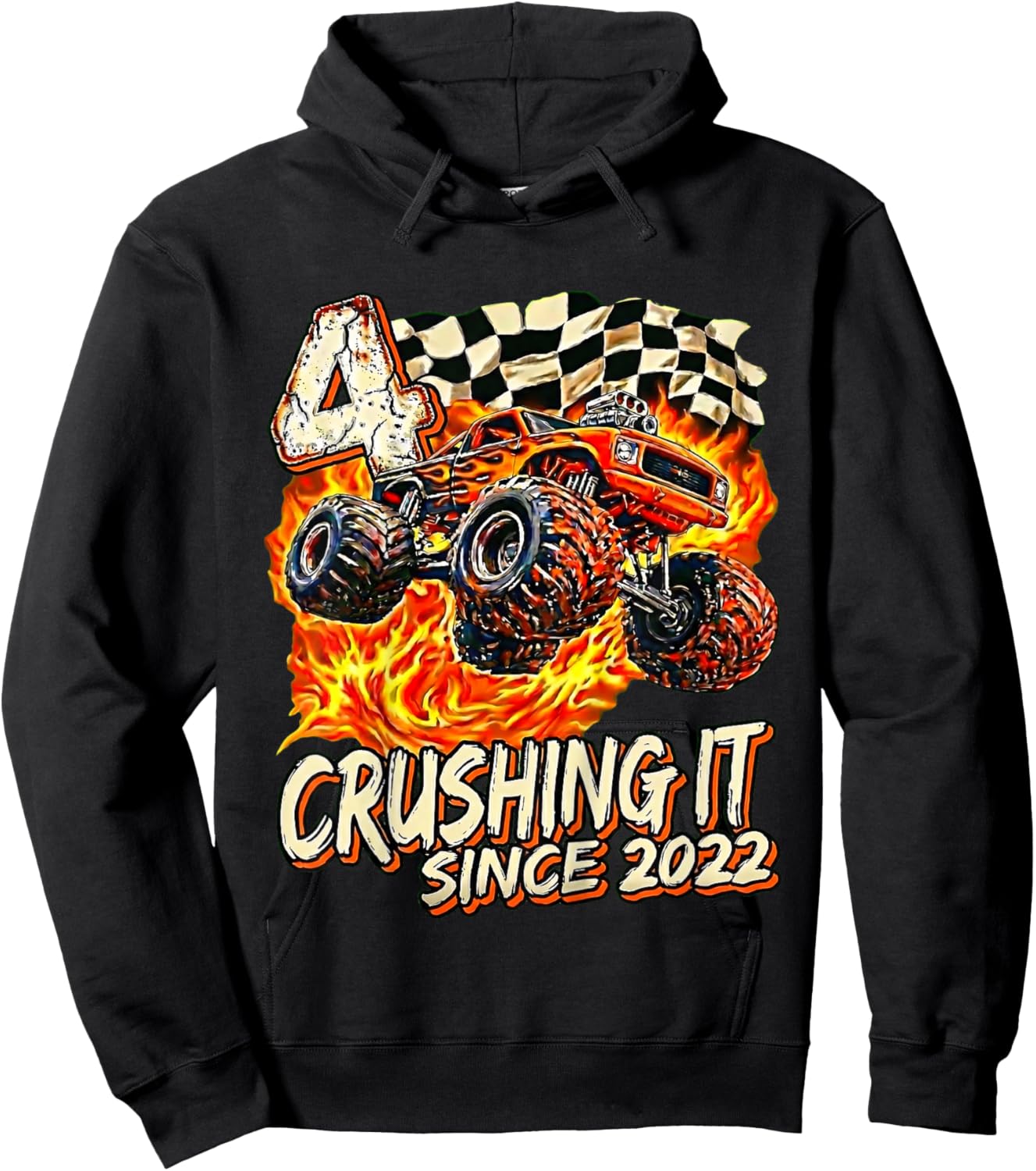 Kids Birthday Monster Truck Boy 4 Year Old Crushing It Since 2022 Hoodie - Hoodie | Black