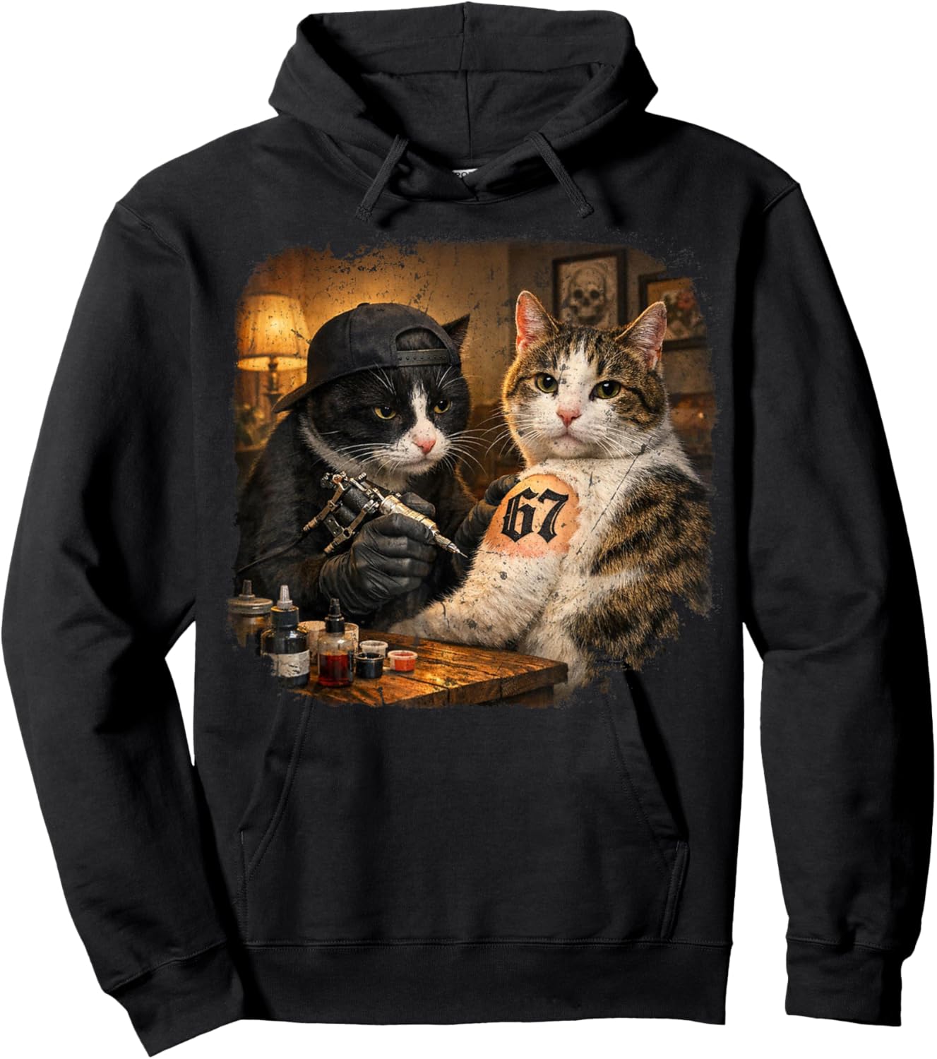Vintage Cat Tattoo Inked Kitty Artist Funny 67 Meme Hoodie - Hoodie | Black