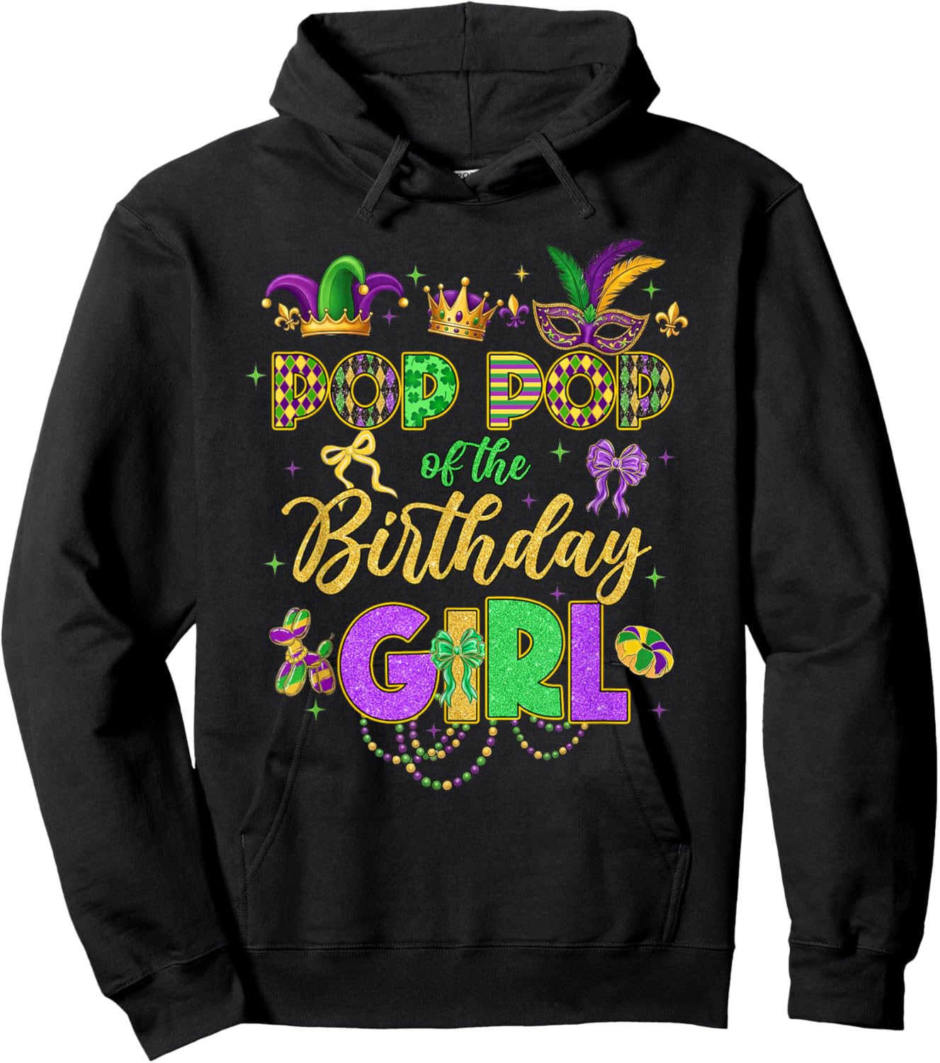 Pop Pop of The Birthday Girl Coquette Bow Mardi Gras Party Hoodie - Hoodie | Black