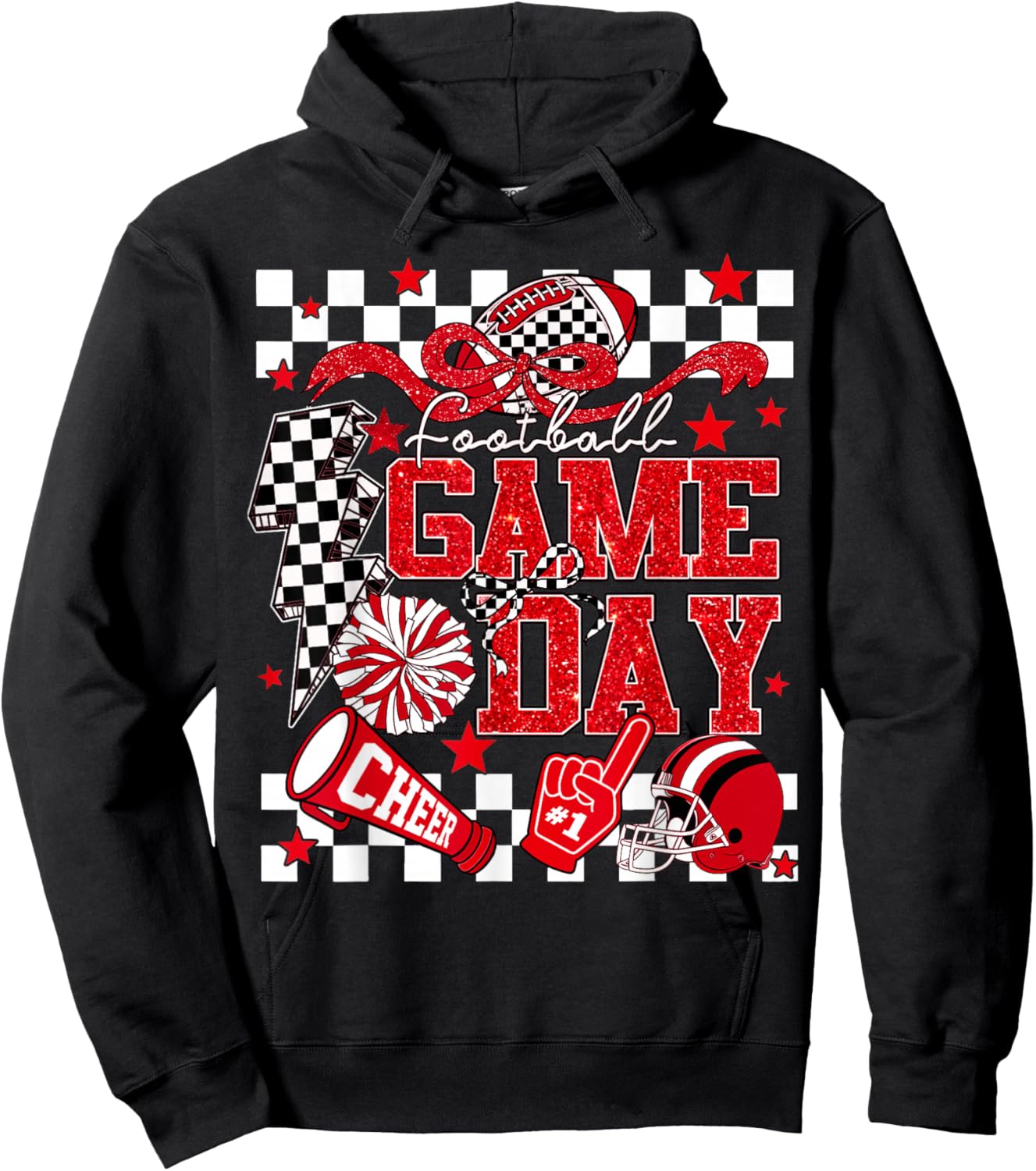 Game Day Football Red Black Touchdown Dad Mom Girls Go Cheer Hoodie - Hoodie | Black