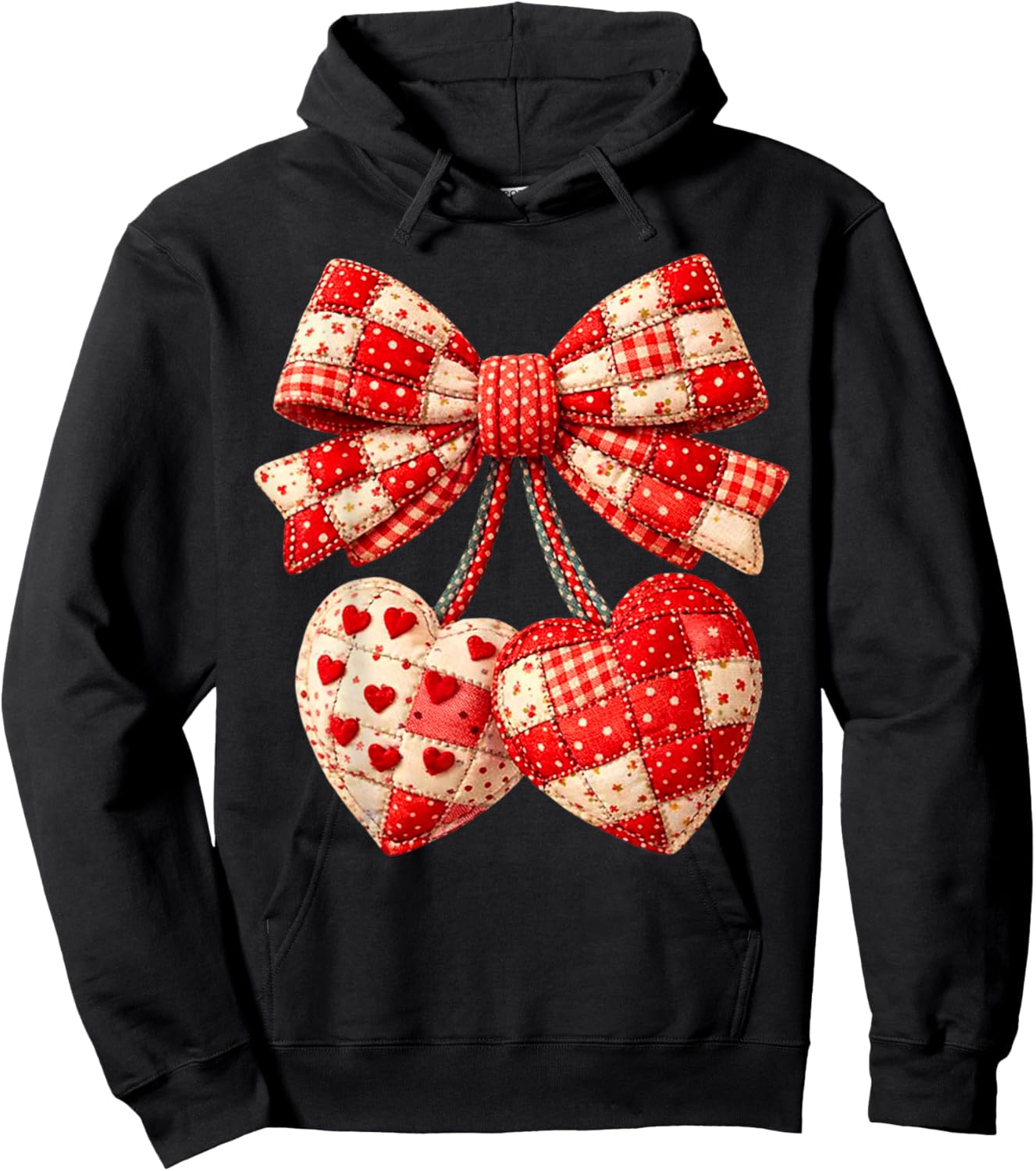 Valentine Hearts Bow Patchwork Graphic Art Romantic Quilted Hoodie - Hoodie | Black