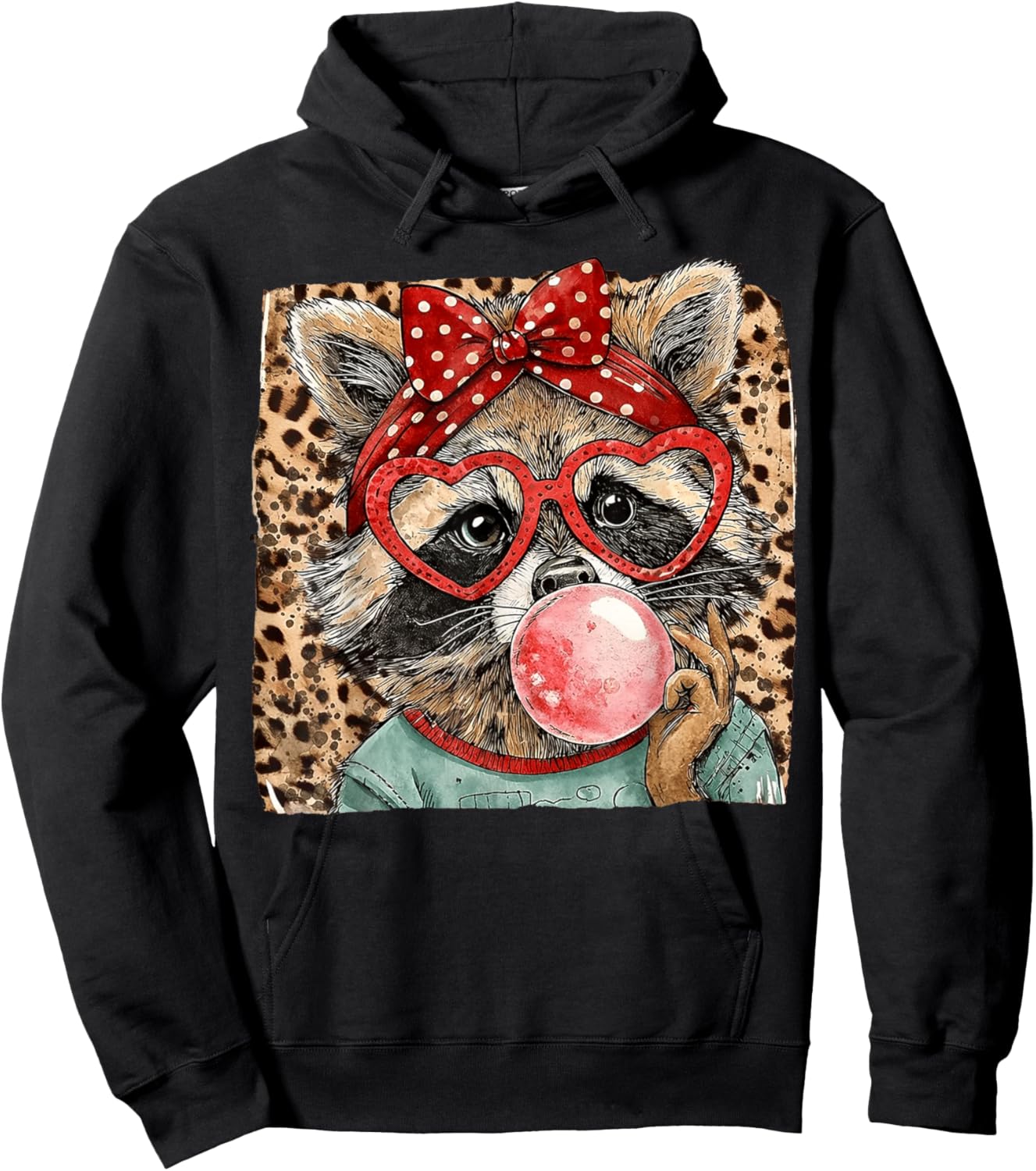 Vintage Leopard Racoon Bow Blowing Bubble Gum Valentine Hoodie - Hoodie | Black