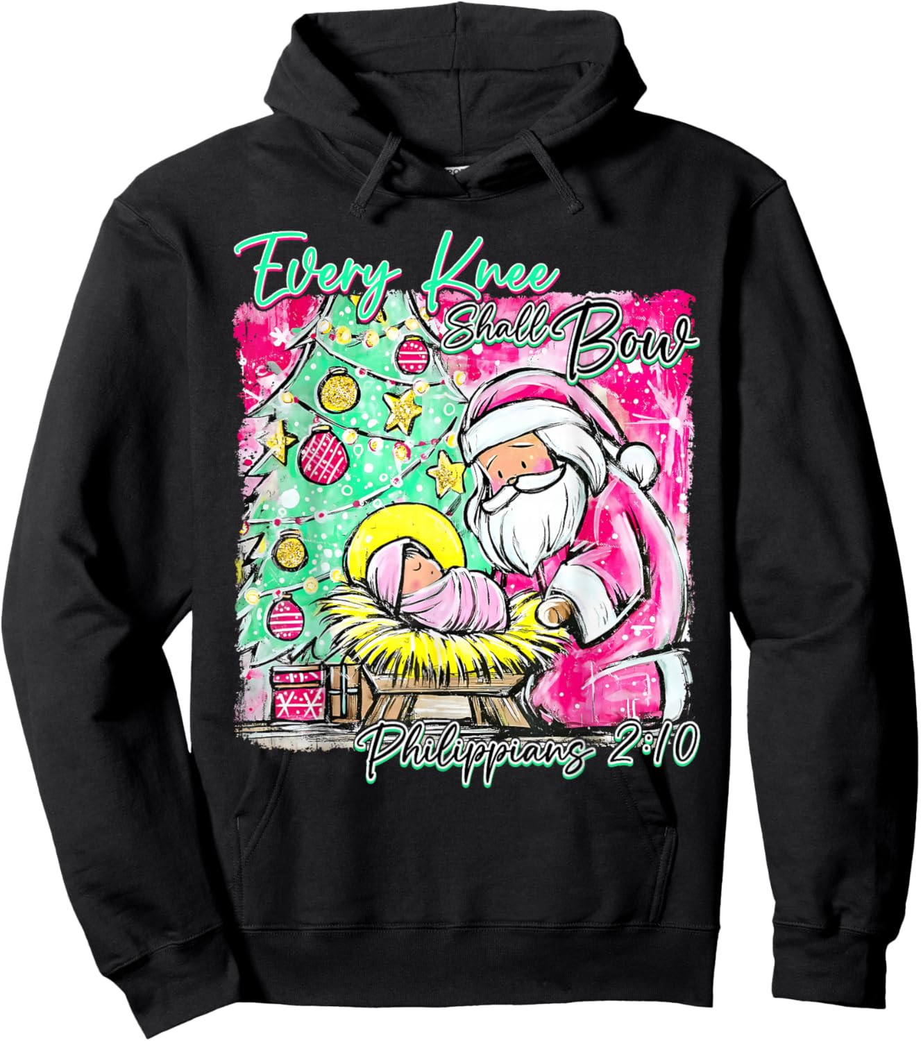 Every Knee Shall Bow Jesus Christian Christmas Santa Pajamas Hoodie - Hoodie | Black