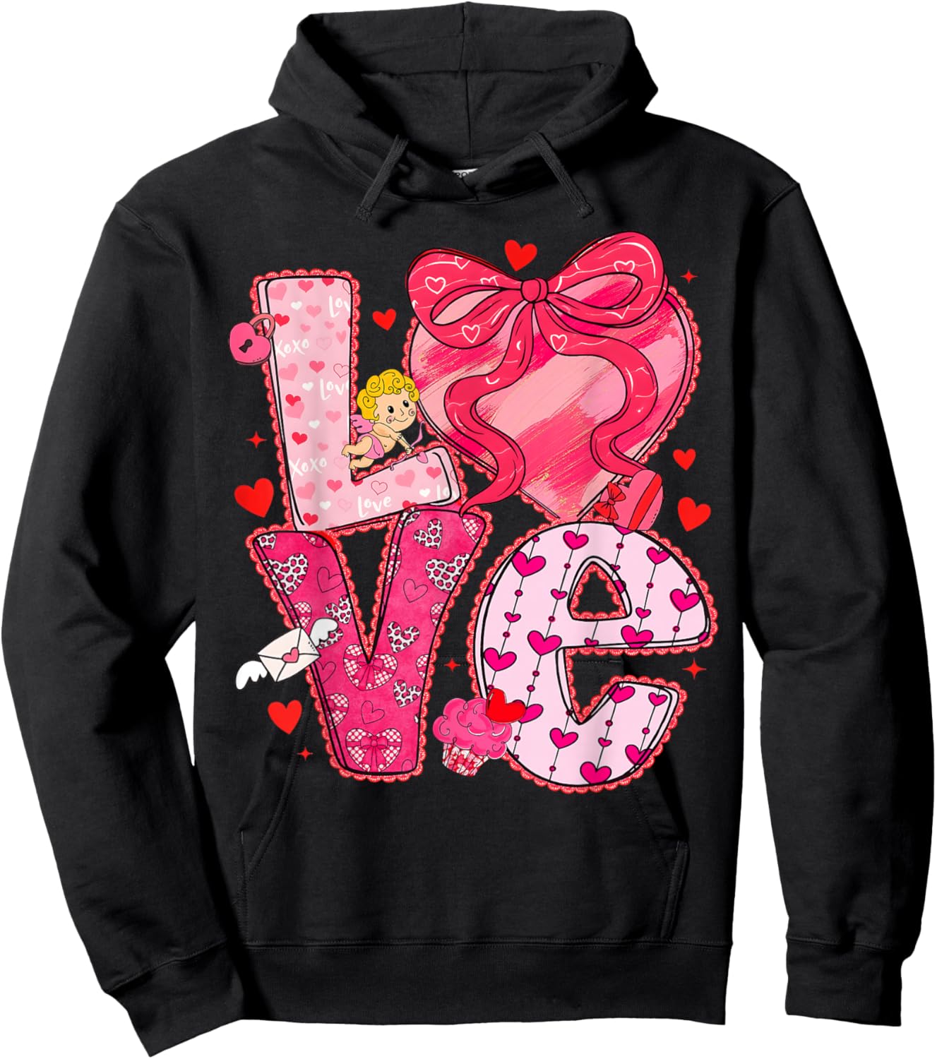 Valentine Love Heart Coquette Bow Cute Women Kids Girl Hoodie - Hoodie | Black