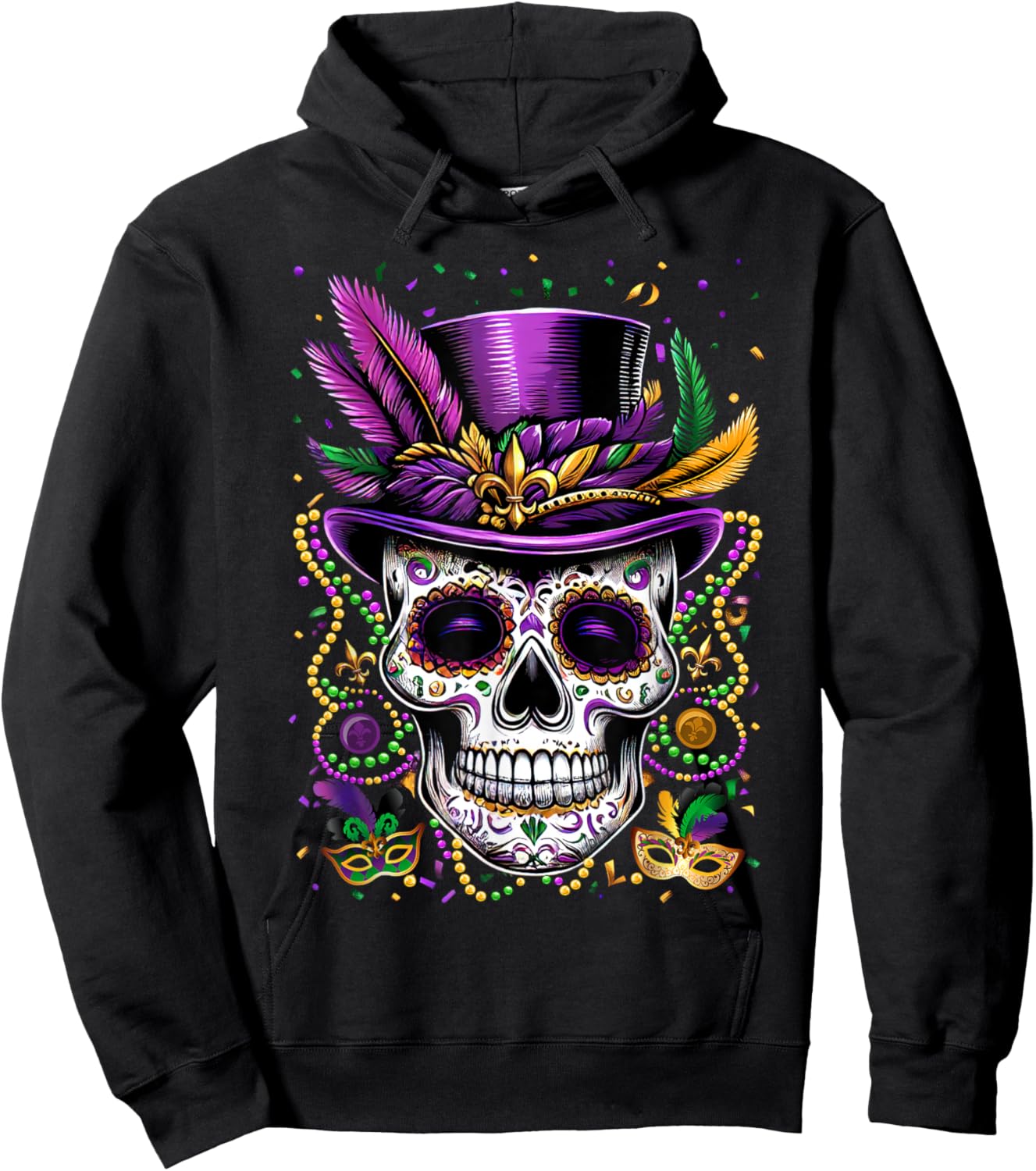 Mardi Gras Skull Top Hat Beads Mask New Orleans Louisiana Hoodie - Hoodie | Black
