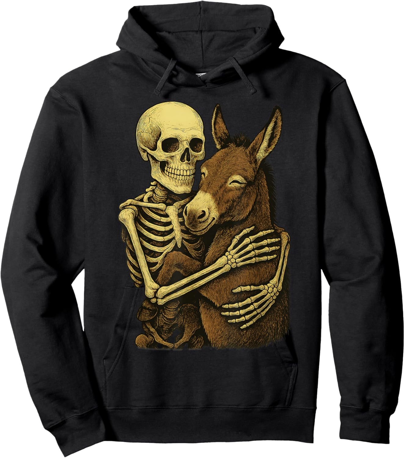 Skeleton Hugging Donkey Funny Halloween Farm Animal Hoodie - Hoodie | Black