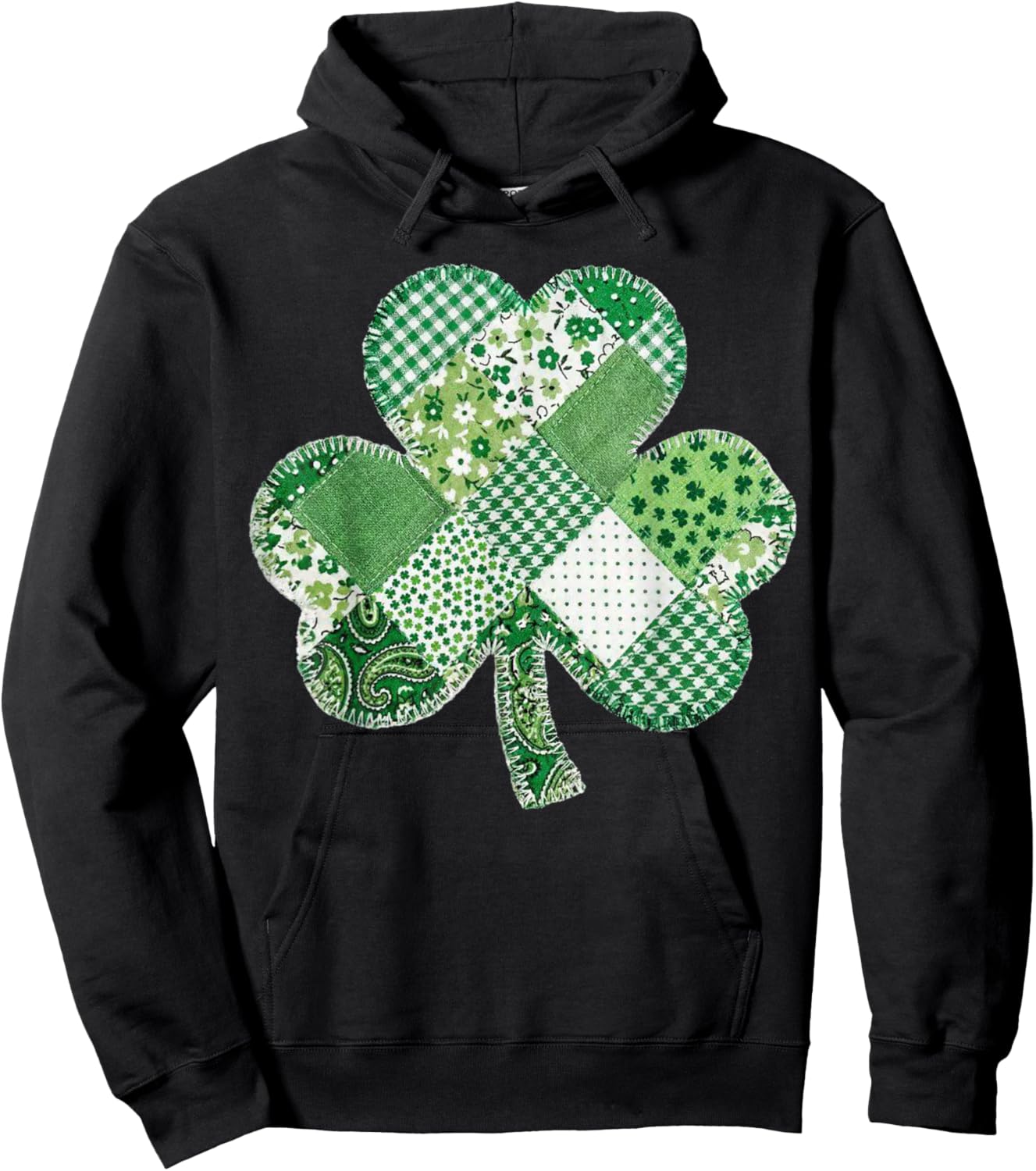 St Patrick's Day Patchwork Shamrock Clover Lucky Vintage Hoodie - Hoodie | Black