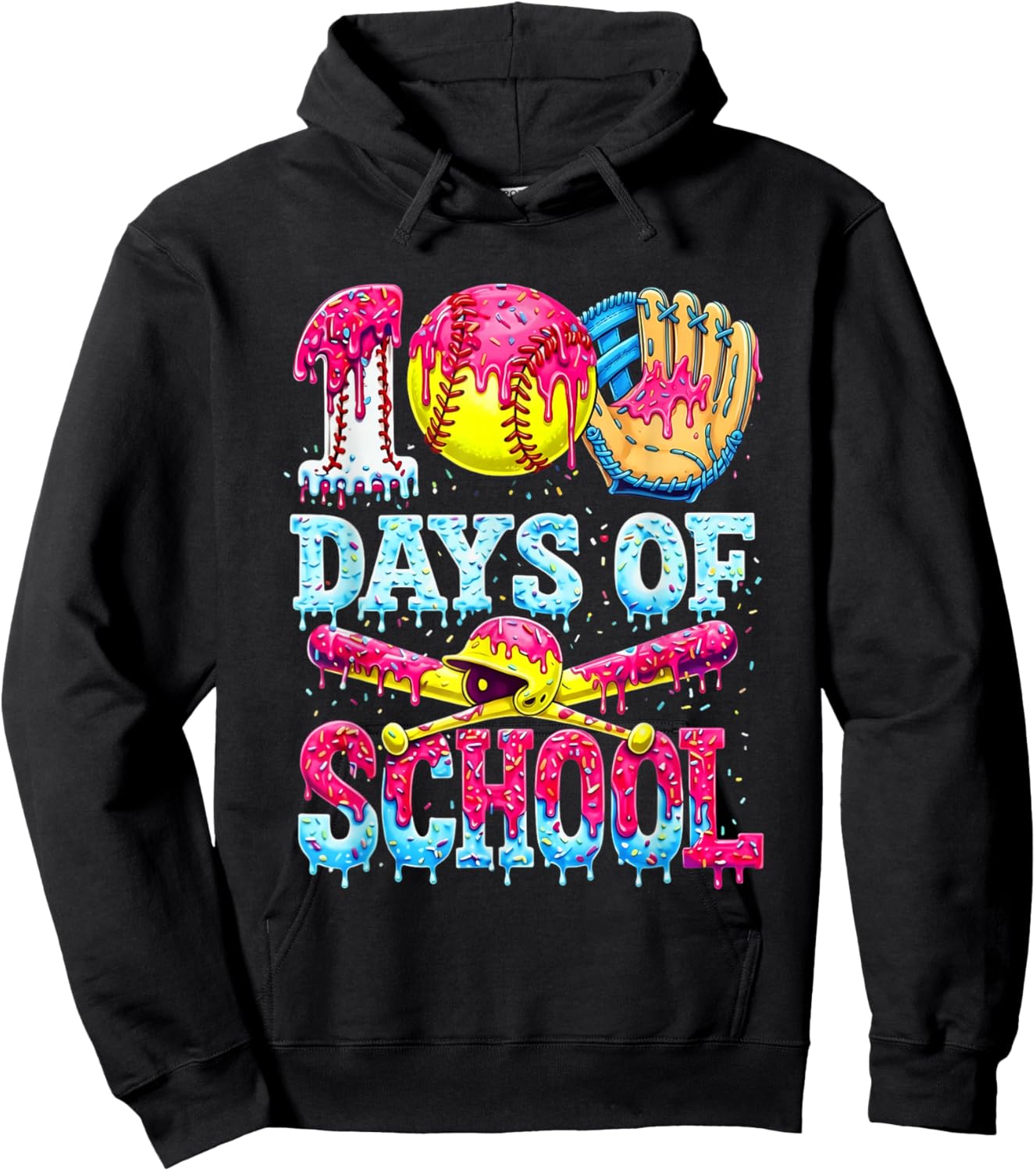 100 Days of School Softball Ice Cream Dripping Pattern Hoodie - Hoodie | Black