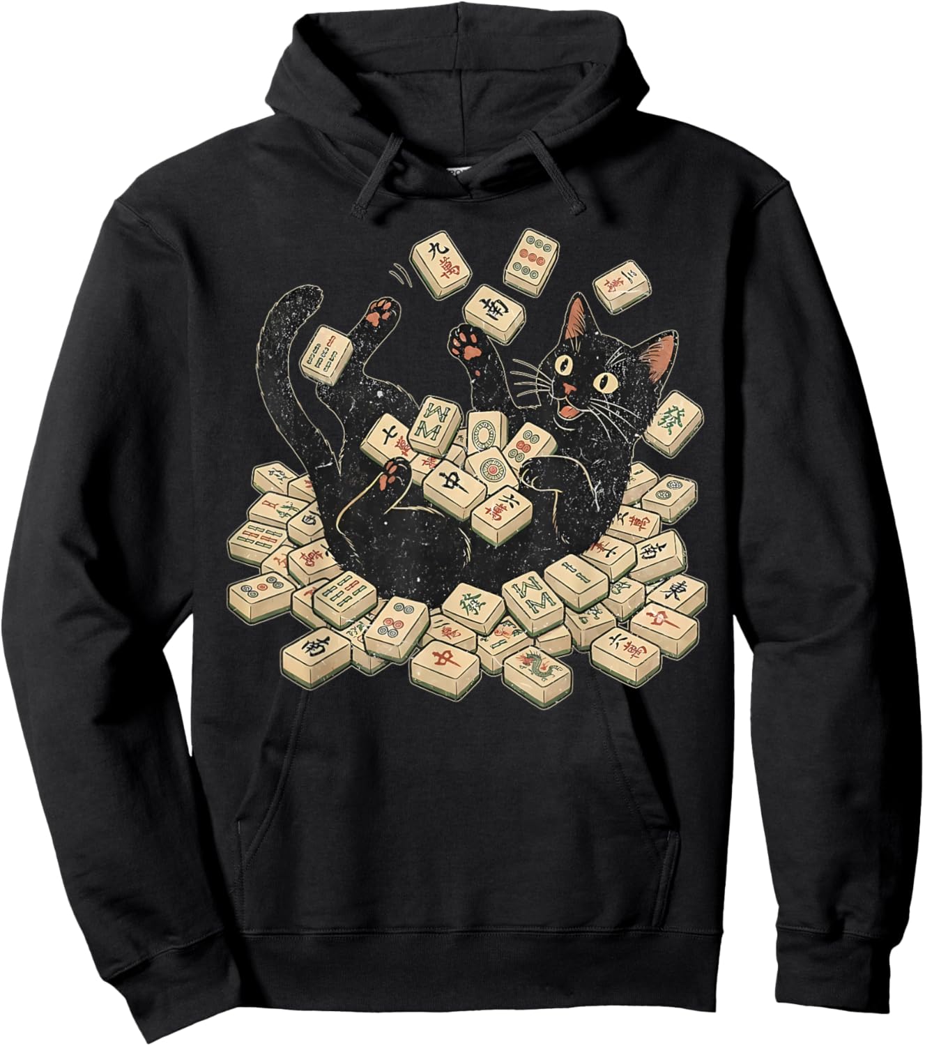 Retro Black Cat Playing Mahjong Funny Cat Meme Mahjong Lover Hoodie - Hoodie | Black