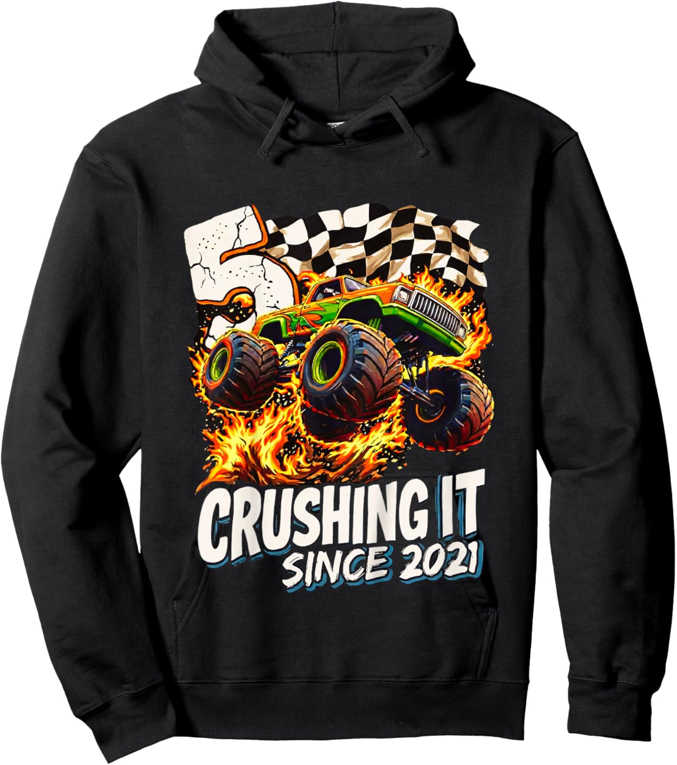 Kids Birthday Monster Truck Boys 5 Crushing It Since 2021 Kids Hoodie - Hoodie | Black