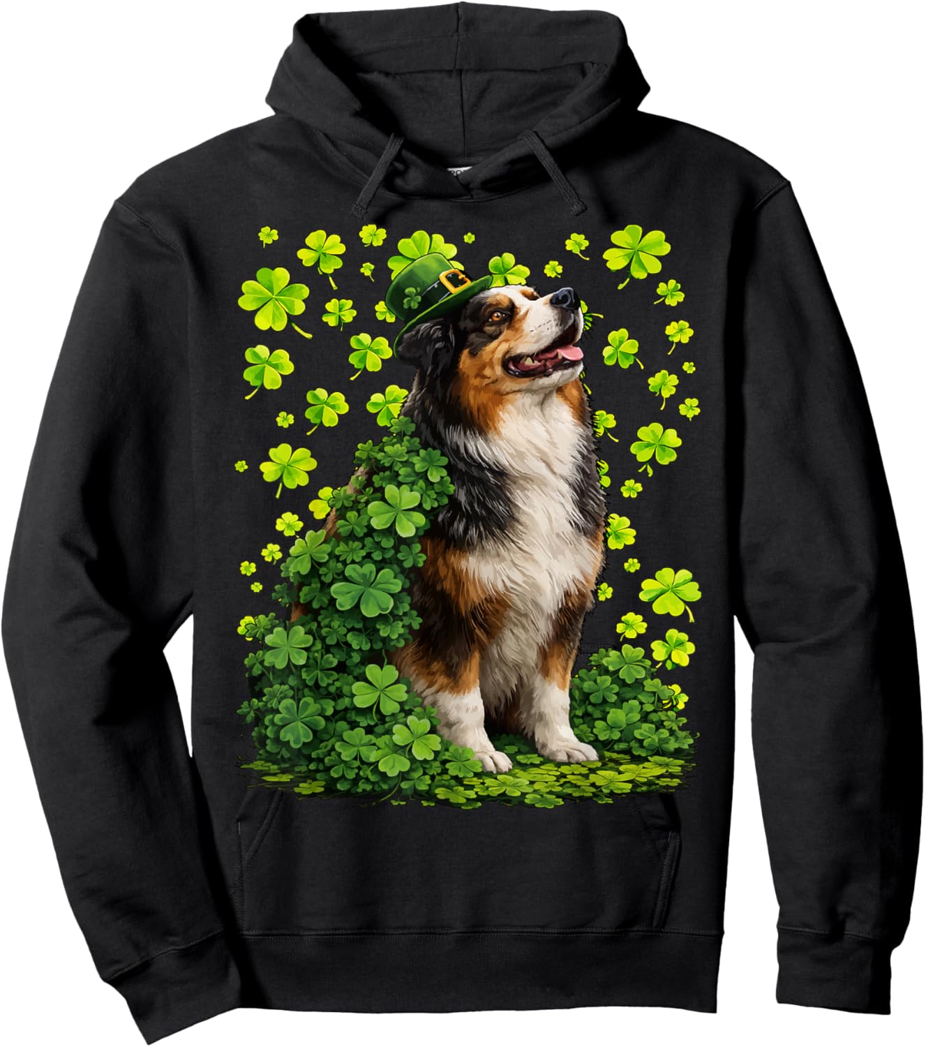 Lucky Australian Shepherd with Shamrocks St Patricks Day Dog Hoodie - Hoodie | Black