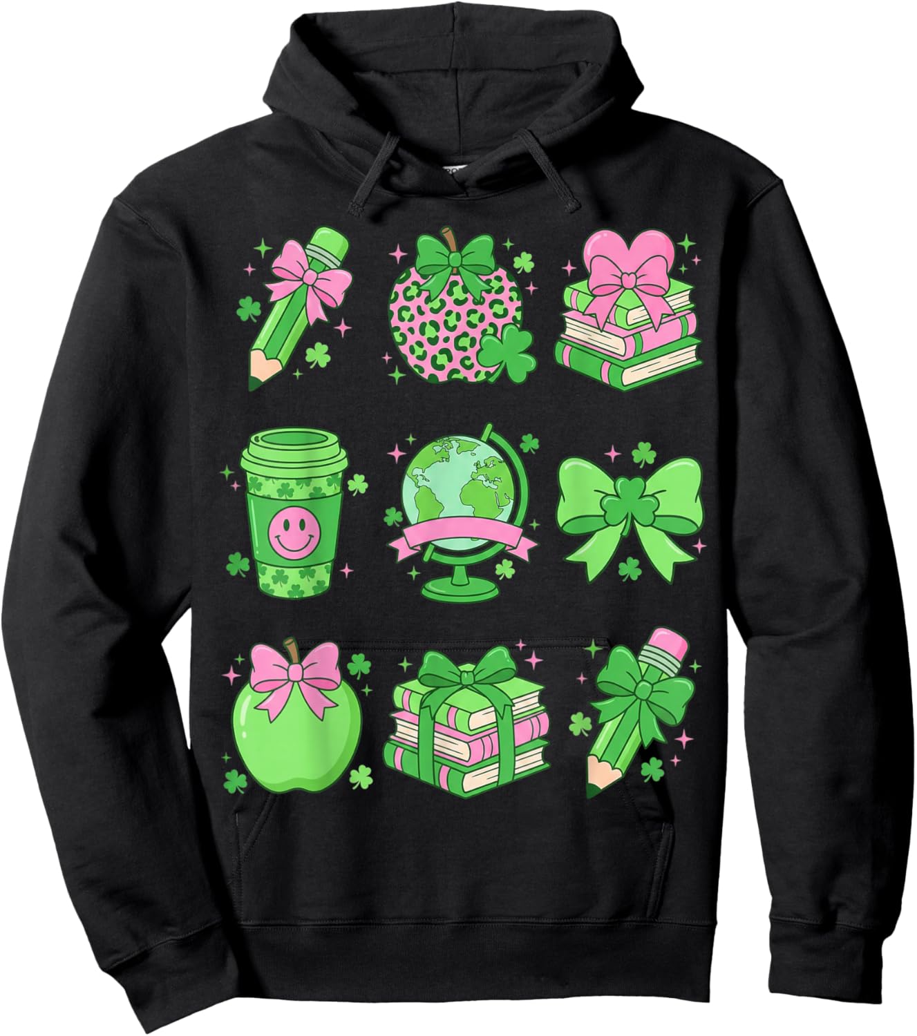 St Patrick's Day Lucky Teacher Shamrock Coquette Bow Pencil Hoodie - Hoodie | Black