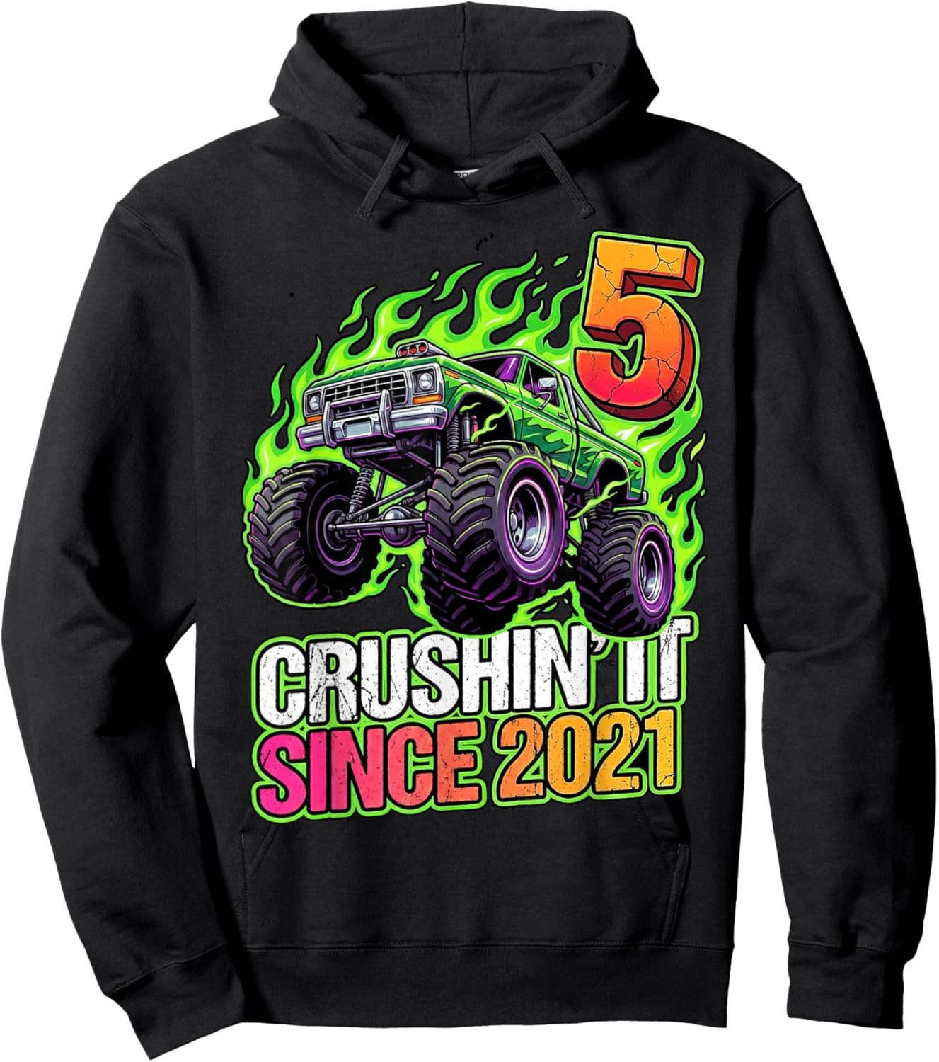 Birthday Monster Truck 5 Year Old Boys 5th Party Born 2021 Hoodie - Hoodie | Black