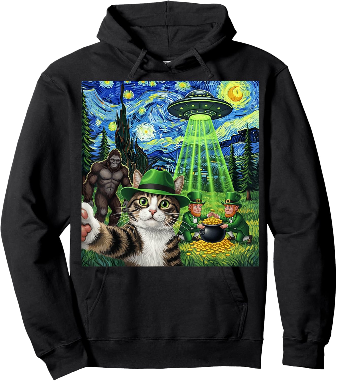 St Patricks Day Bigfoot Leprechaun Cat UFO Funny Scene Hoodie - Hoodie | Black