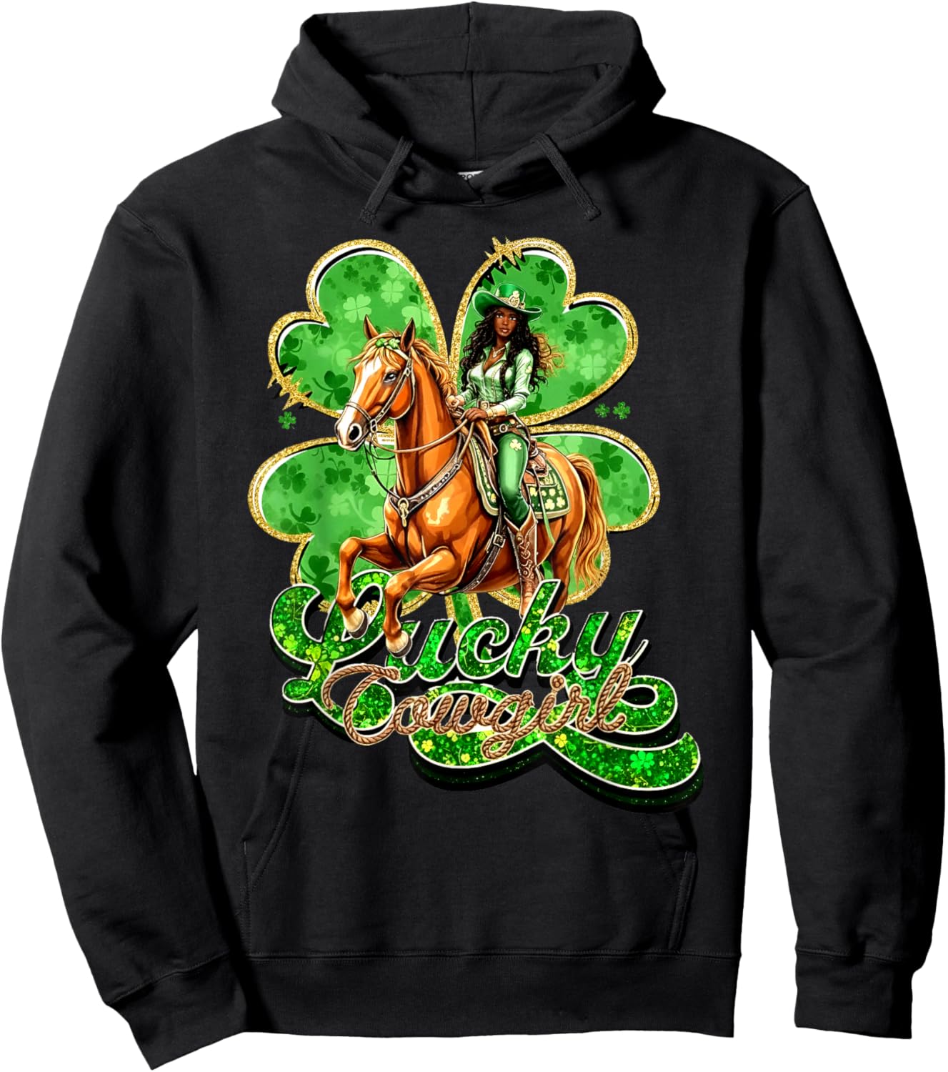 Lucky Cowgirl St Patrick’s Day Western Clover Black Cowgirl Hoodie - Hoodie | Black