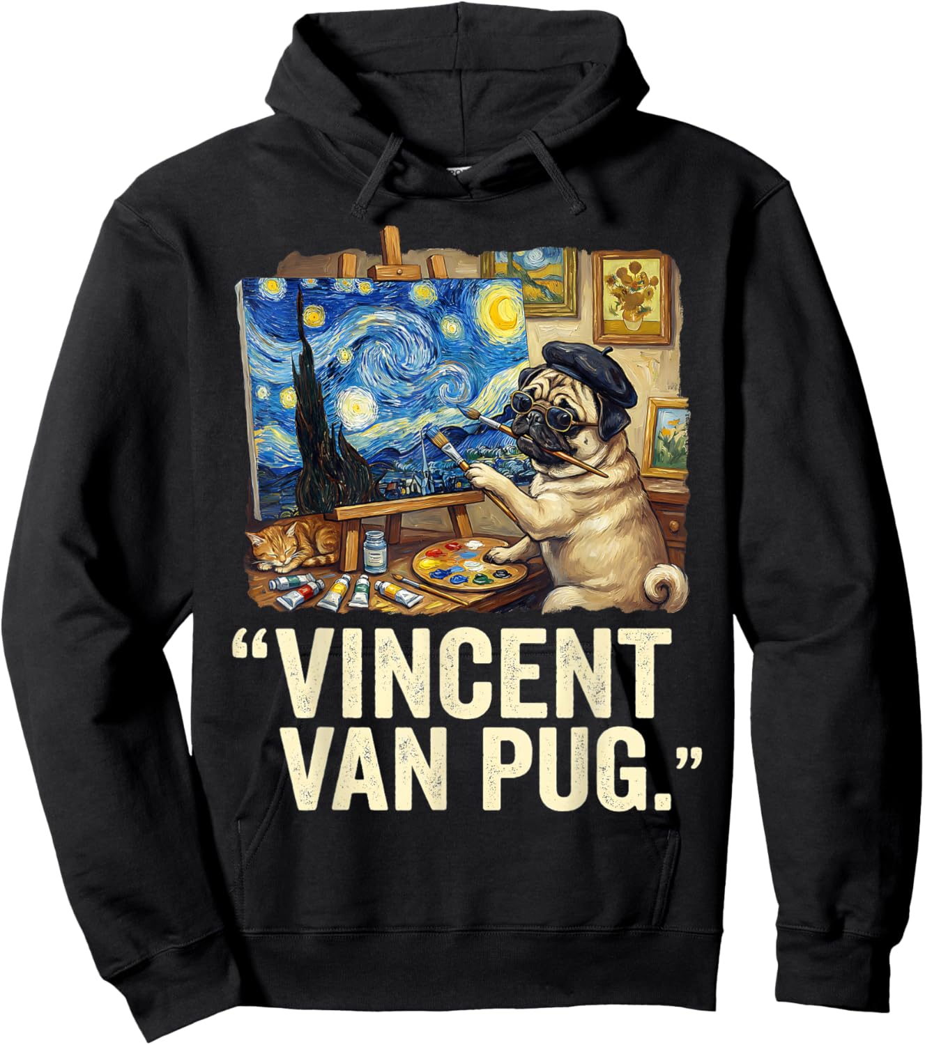 Starry Night Dog Van Gogh Pug Lovers Vincent Van Pug Hoodie - Hoodie | Black