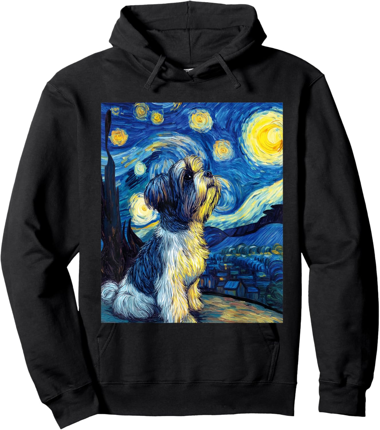 Shih Tzu Dog Van Gogh Starry Night Graphic Hoodie - Hoodie | Black