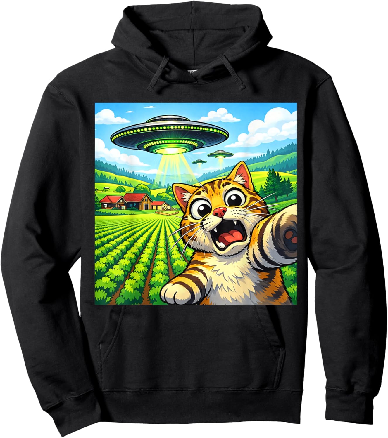 Alien Spaceship Selfie Featuring a Funny Cat Hoodie - Hoodie | Black
