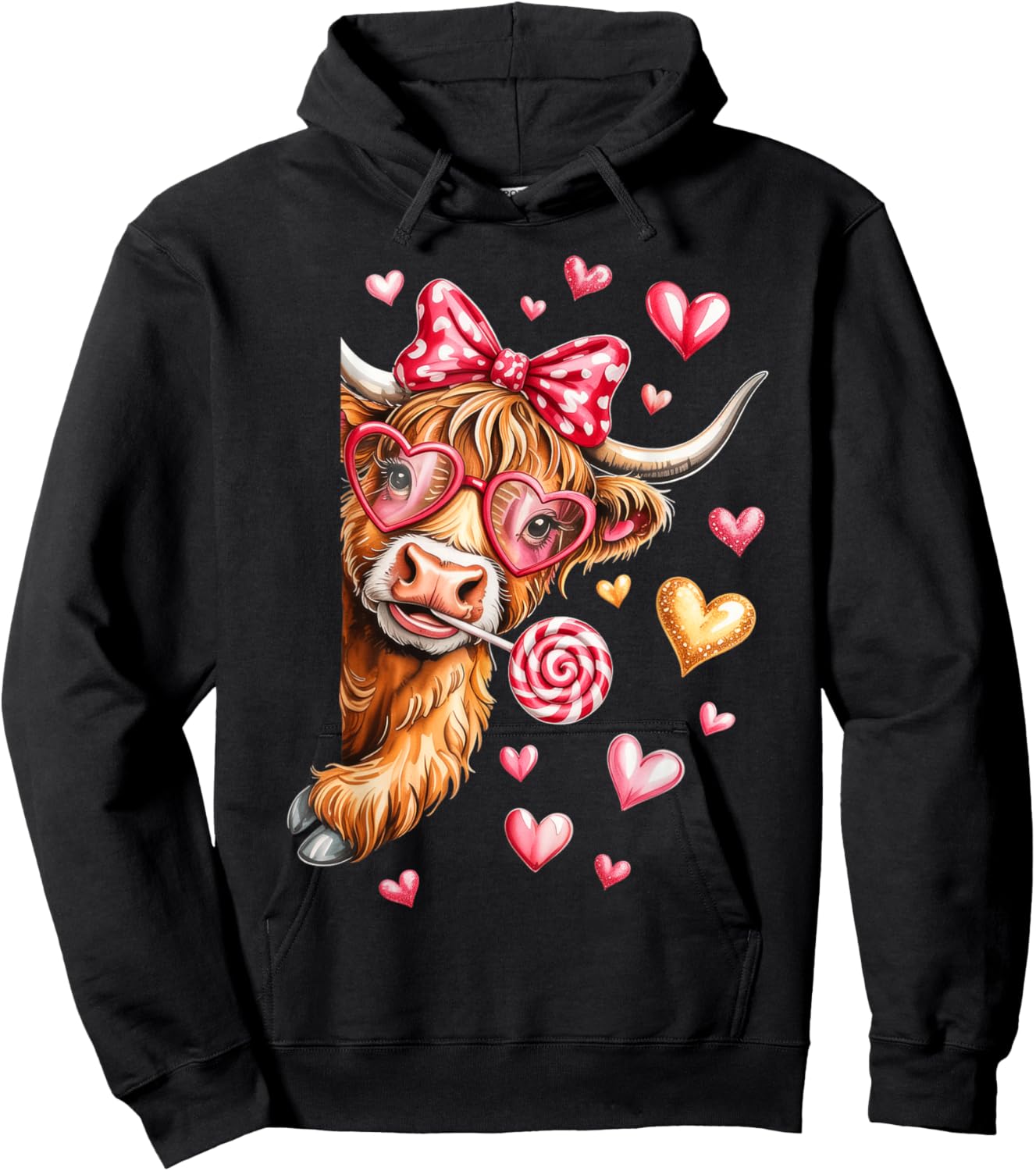 Valentine Highland Cow, Valentine Coquette Hoodie - Hoodie | Black