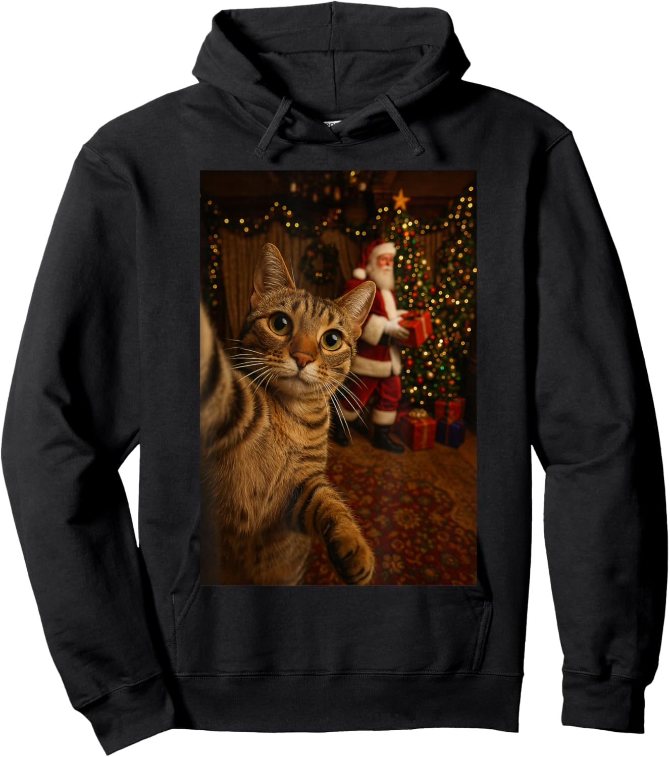 Santa Cat Christmas Tree Shirt, Funny Christmas Cat Selfie Hoodie - Hoodie | Black