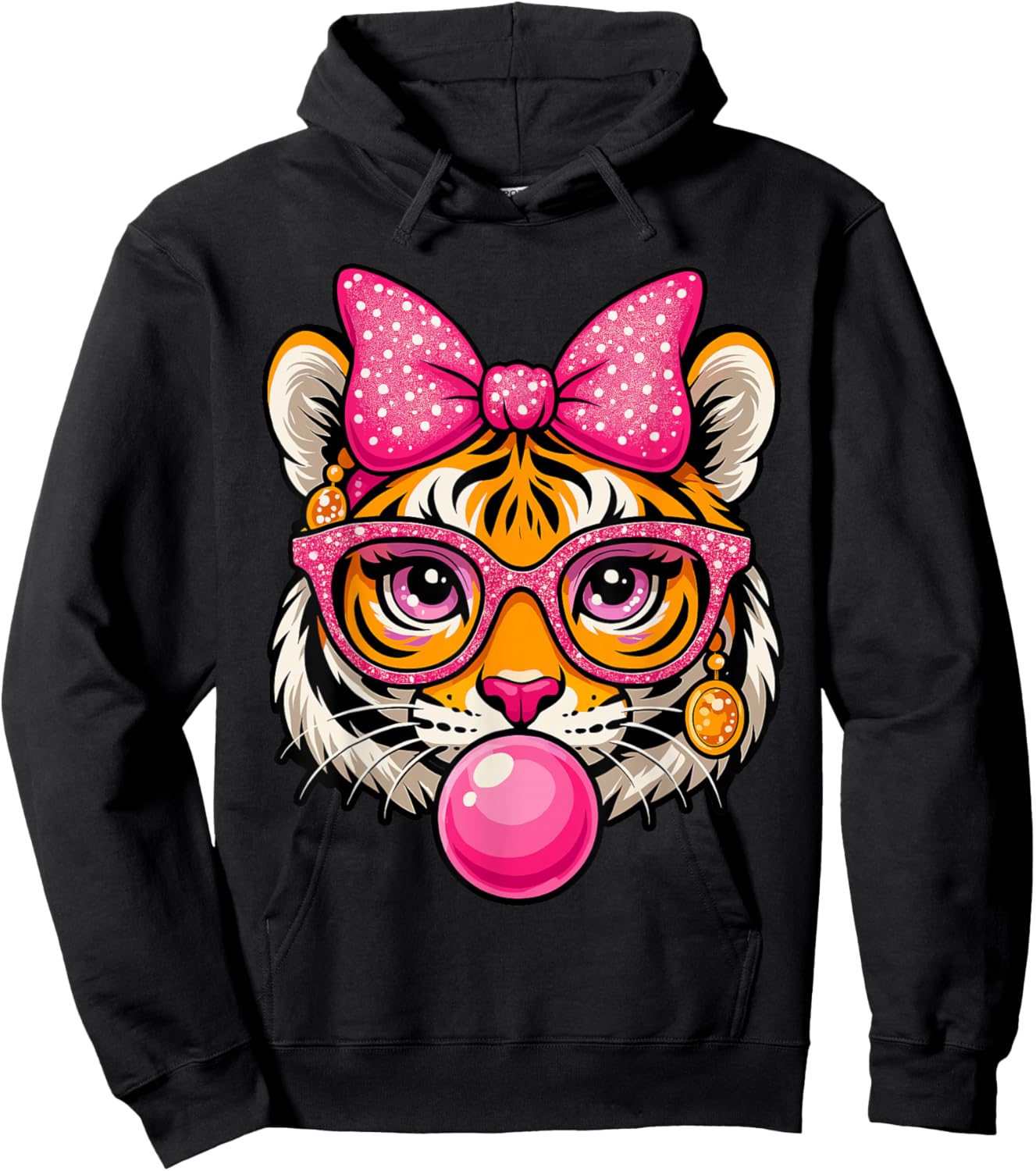 Pink Bow Tiger Shirt for Girls Cute Glasses Tiger Bubble Gum Hoodie - Hoodie | Black