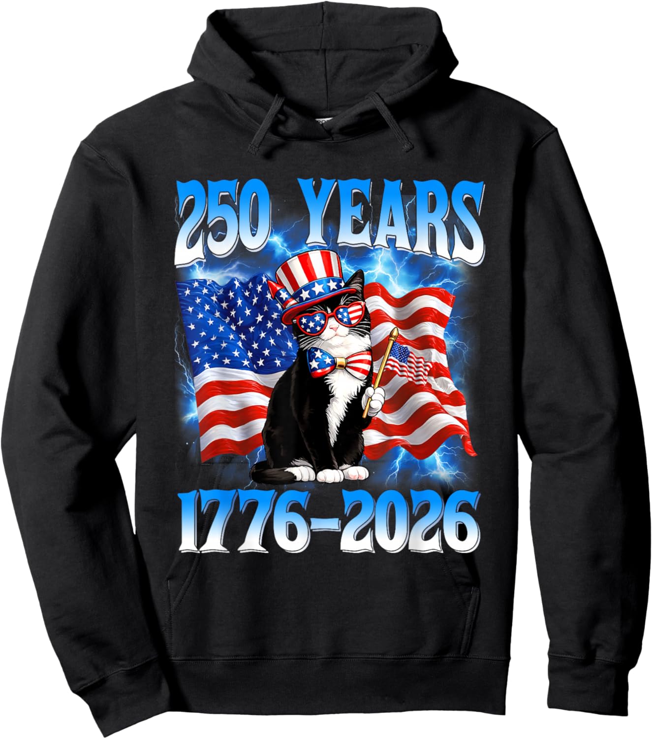 250 Years 1776 2026 250th USA Cat American Flag 4th of July Hoodie - Hoodie | Black
