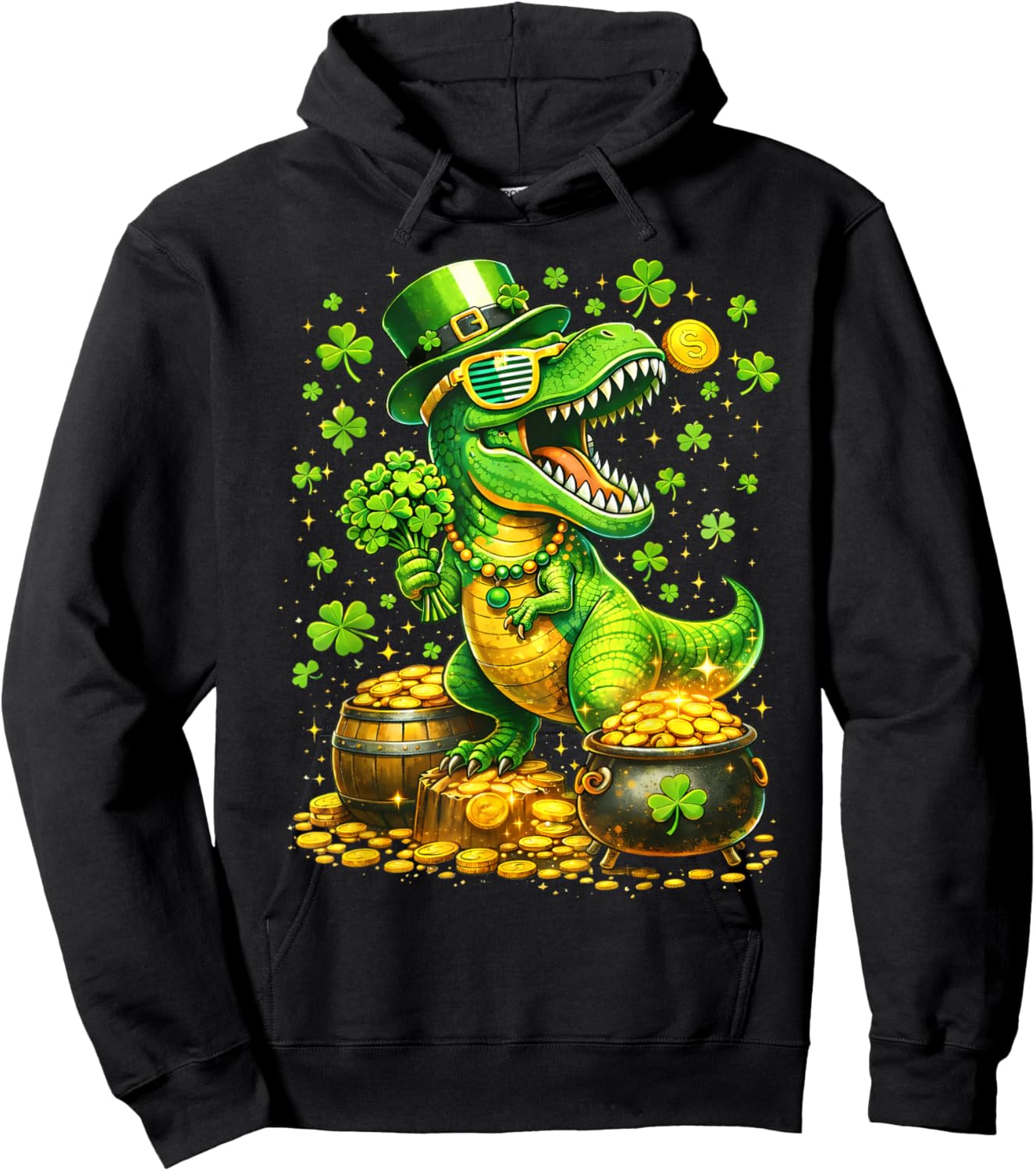 St Patricks Day Dinosaur T Rex Shamrock Kids Boys Hoodie - Hoodie | Black