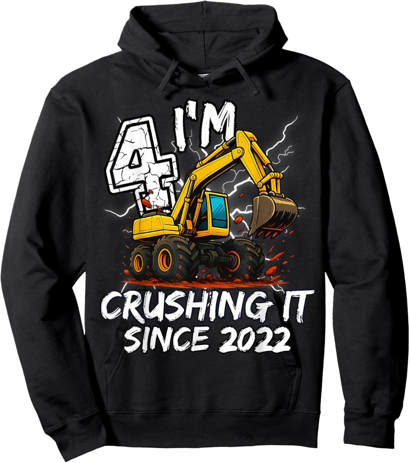Birthday Excavator Truck 4 Year Old Boys 4th Party Born 2022 Hoodie - Hoodie | Black
