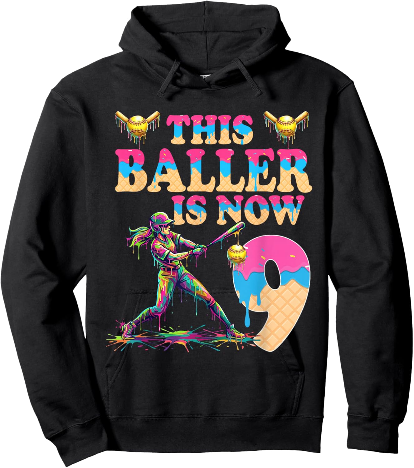 This Baller is Now 9 Years Old Birthday Girl Softball 9th Hoodie - Hoodie | Black