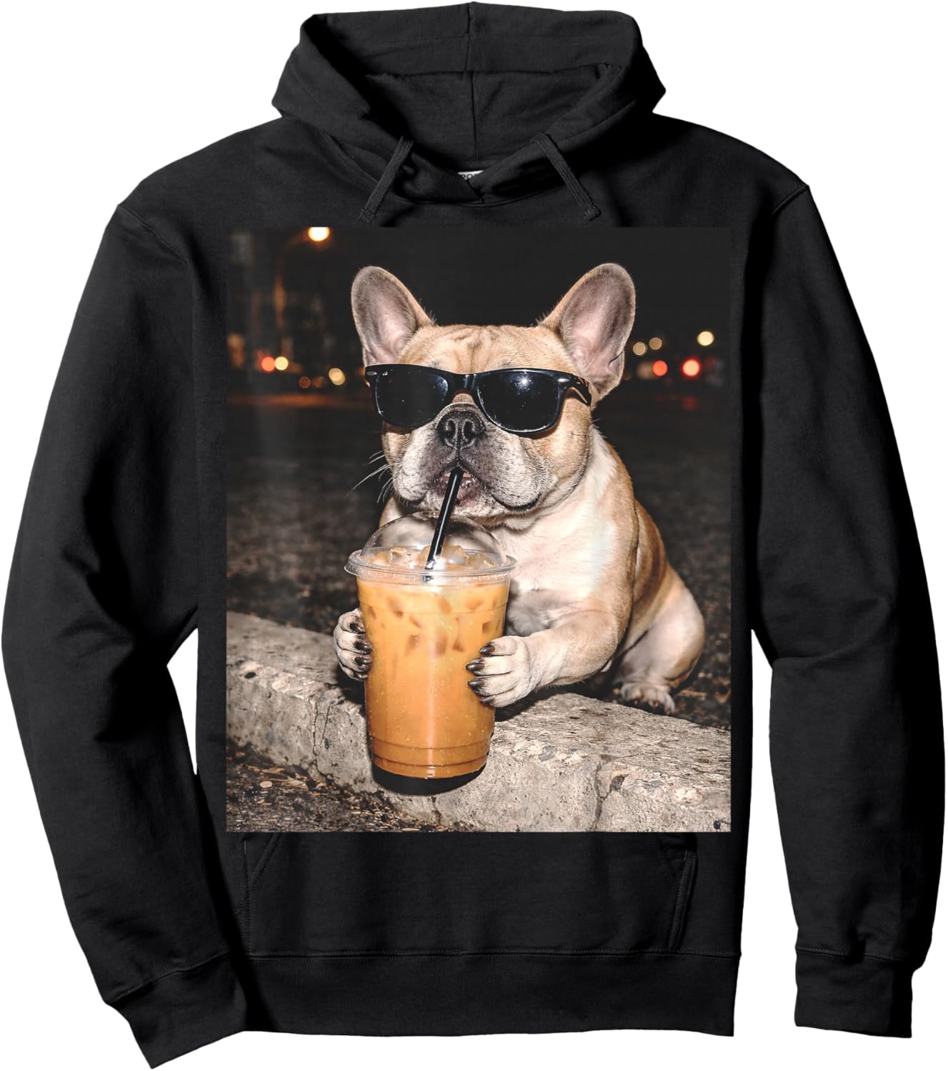 French Bulldog Drinking Iced Coffee Funny Animal Hoodie - Hoodie | Black