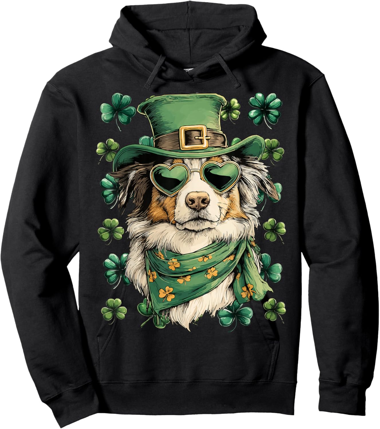 Australian Shepherd in Sunglasses Shamrocks St Patricks Day Hoodie - Hoodie | Black