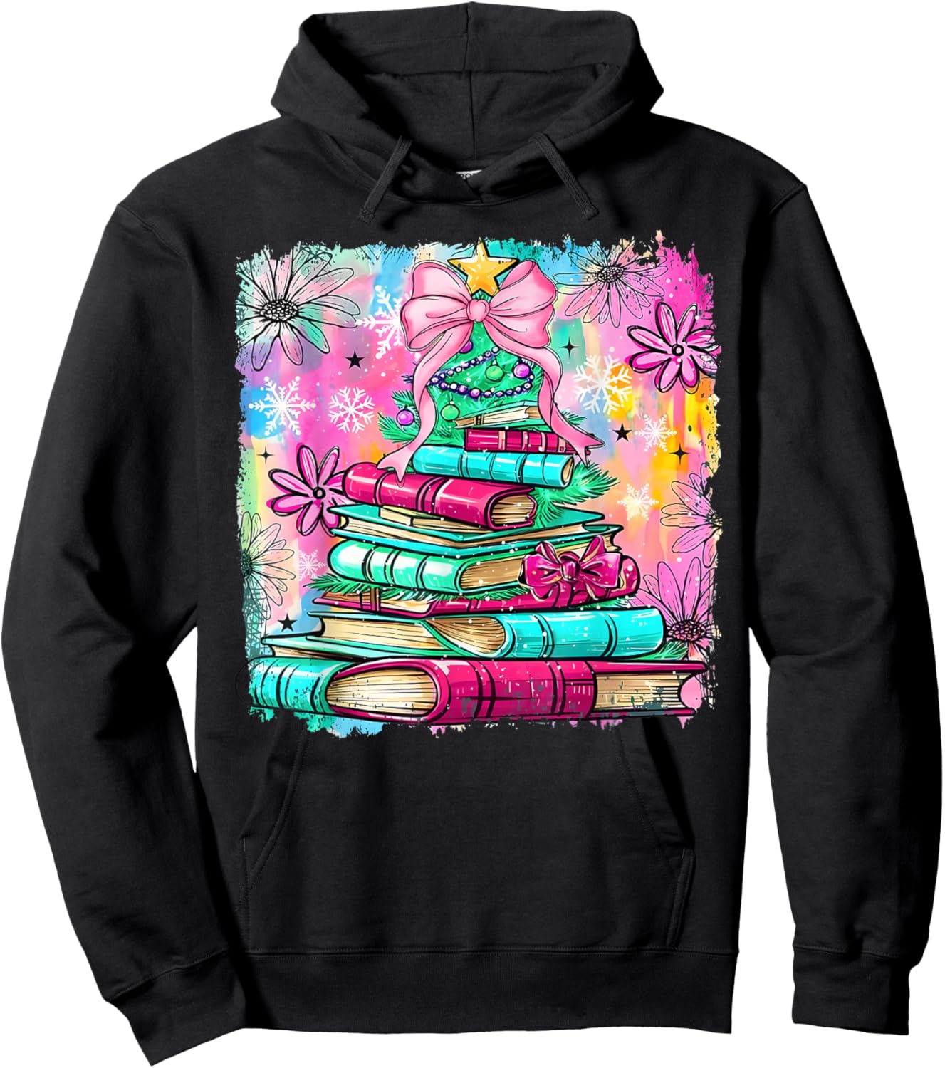 Book Christmas Tree Lights Teacher Librarian Book Lovers Hoodie - Hoodie | Black