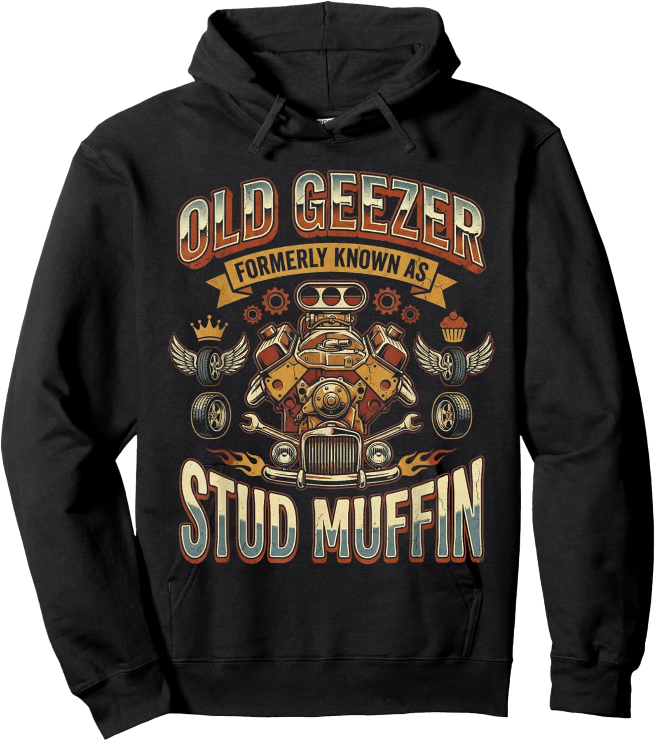 Old Geezer Formerly Known As Stud Muffin Hot Rod Car Engine Hoodie - Hoodie | Black