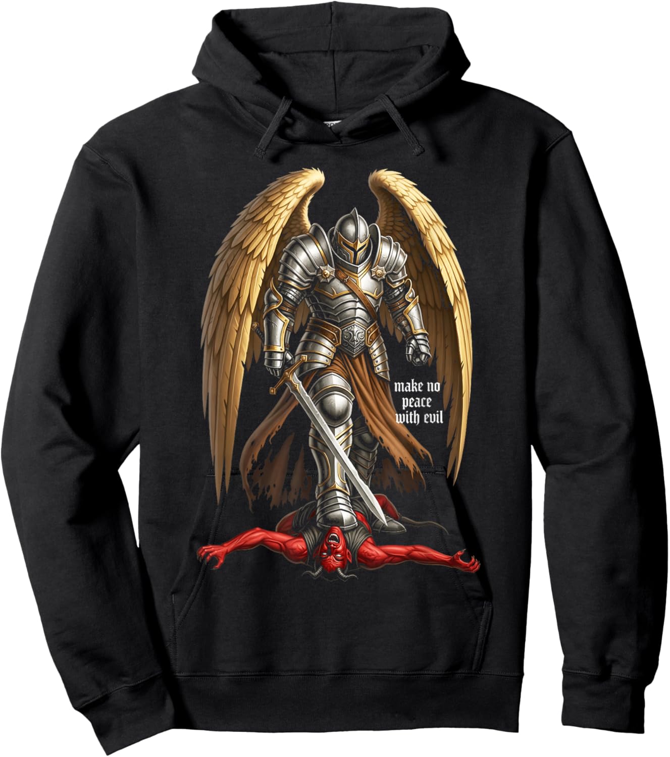 Archangel Michael Faith Design Make No Peace with Evil Hoodie - Hoodie | Black