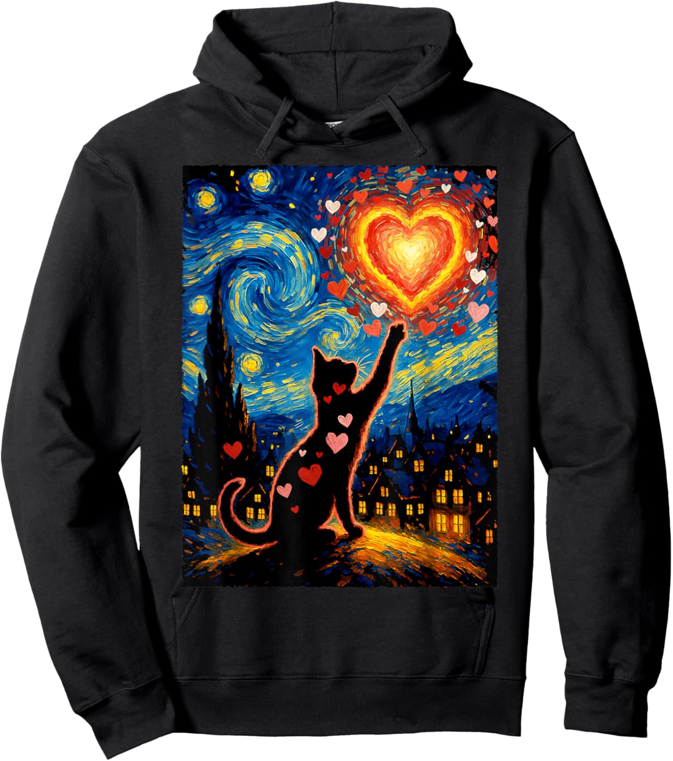 Romantic Cat Van Gogh Starry Night Valentine Art Lovers Hoodie - Hoodie | Black