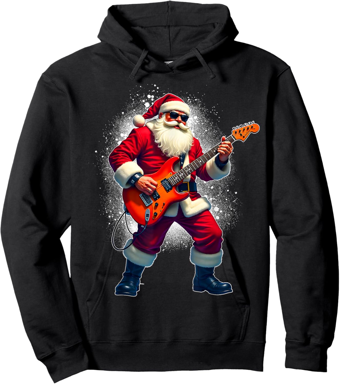 Santa Playing Guitar Merry Christmas Pajamas Xmas Party Men Hoodie - Hoodie | Black