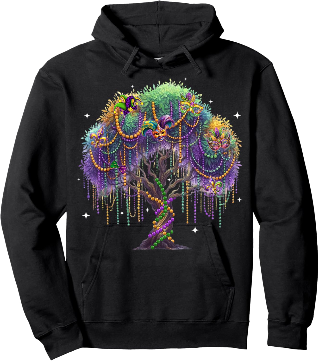 Mardi Gras Tree Shirts Matching Family Beads Mask Feathers Hoodie - Hoodie | Black