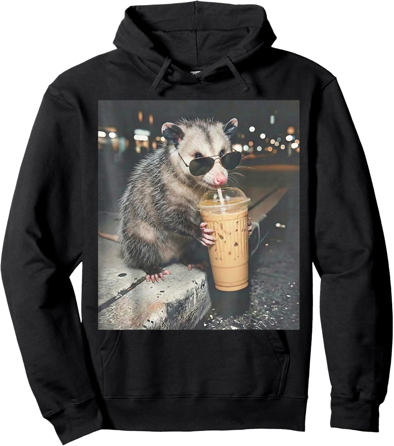 Opossum Drinking Iced Coffee Funny Animal Meme Possum Humor Hoodie - Hoodie | Black