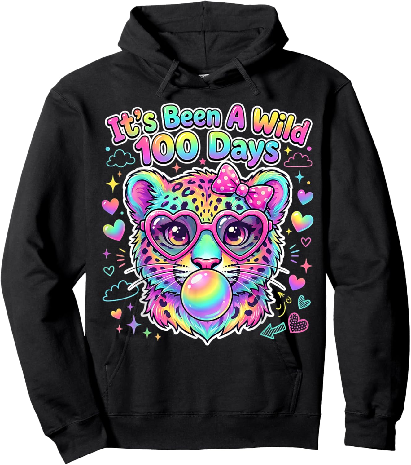 100th Day of School Leopard Bubble Gum Glasses Students Kids Hoodie - Hoodie | Black