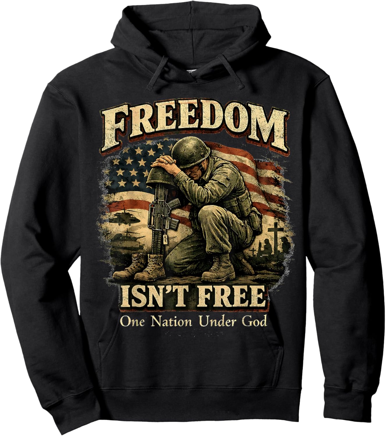 Freedom Isnt Free Patriotic Soldier One Nation Under God Hoodie - Hoodie | Black