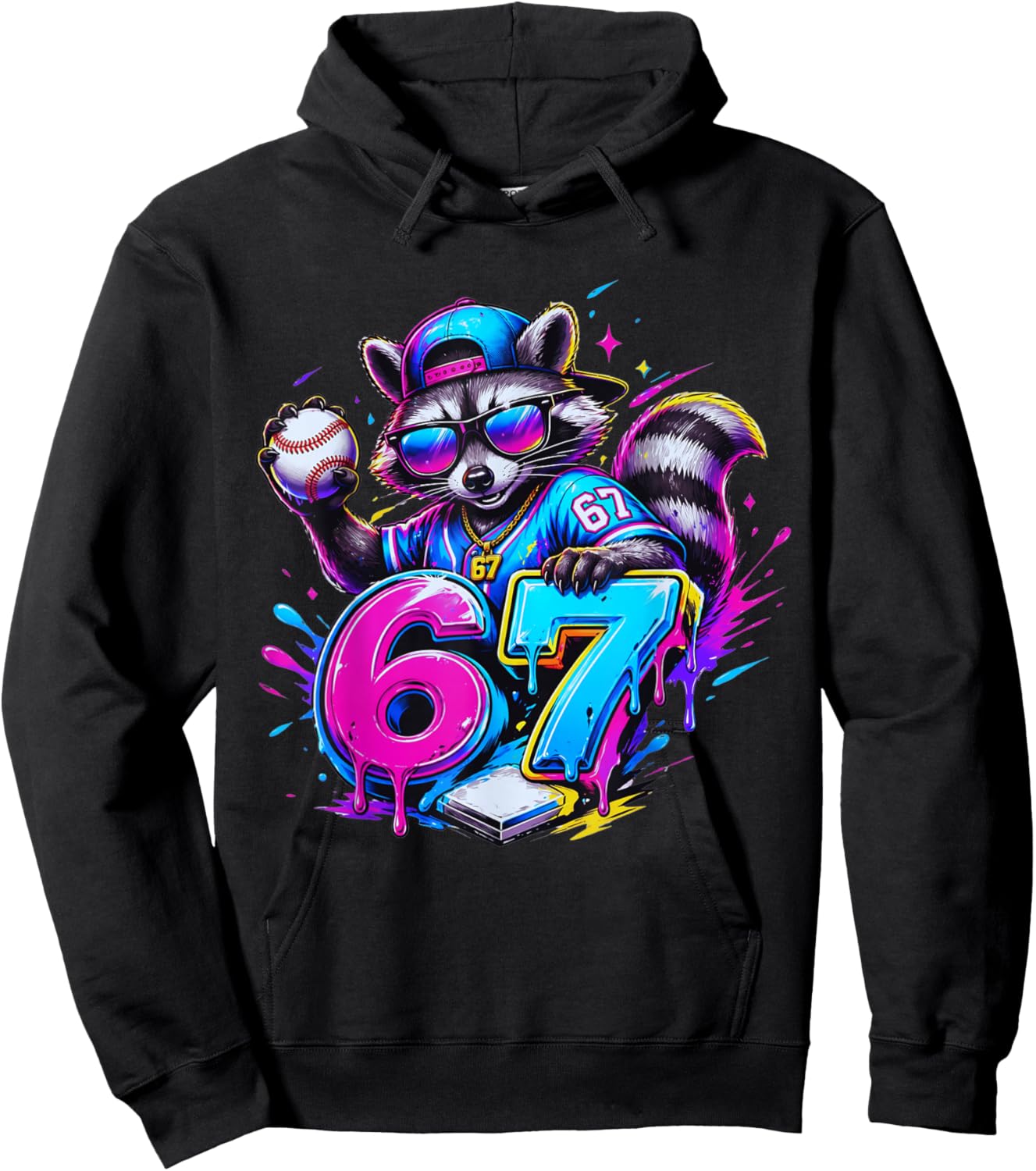 67 Funny Dabbing Raccoon Baseball Dripping Ice Cream Meme Hoodie - Hoodie | Black