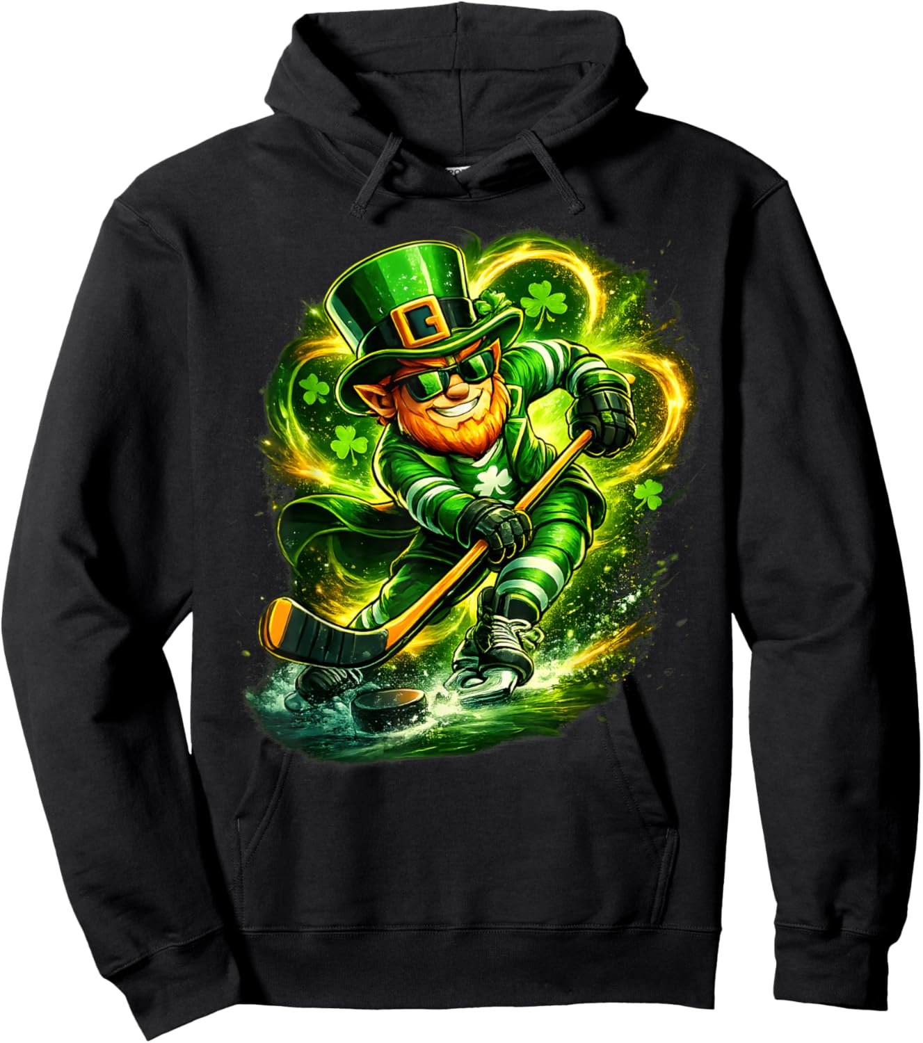 St Patricks Day Leprechaun Playing Hockey Sport Men Boys Hoodie - Hoodie | Black